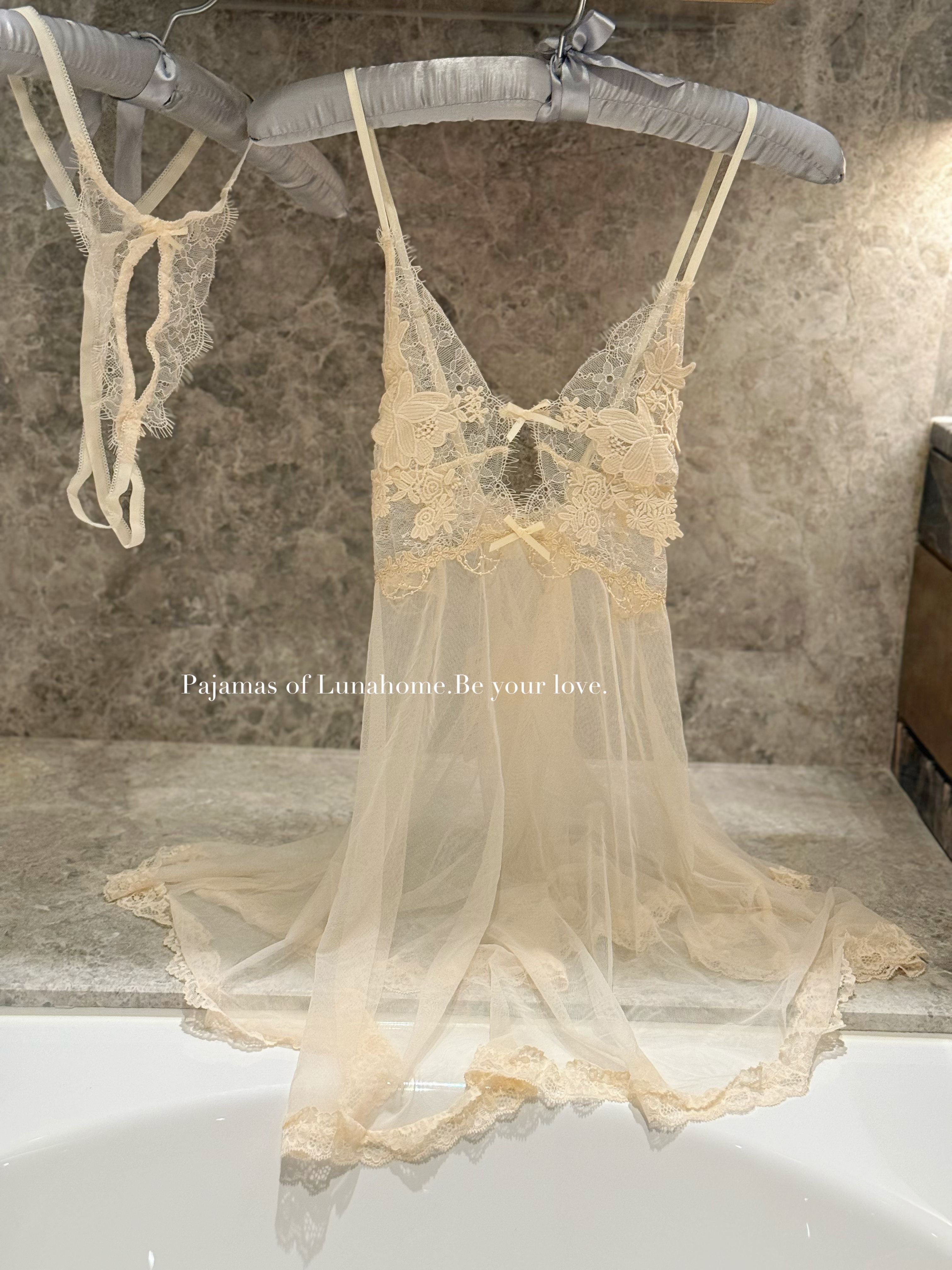Ivory Lace Mesh Babydoll Lingerie Set with Crotchless Panty