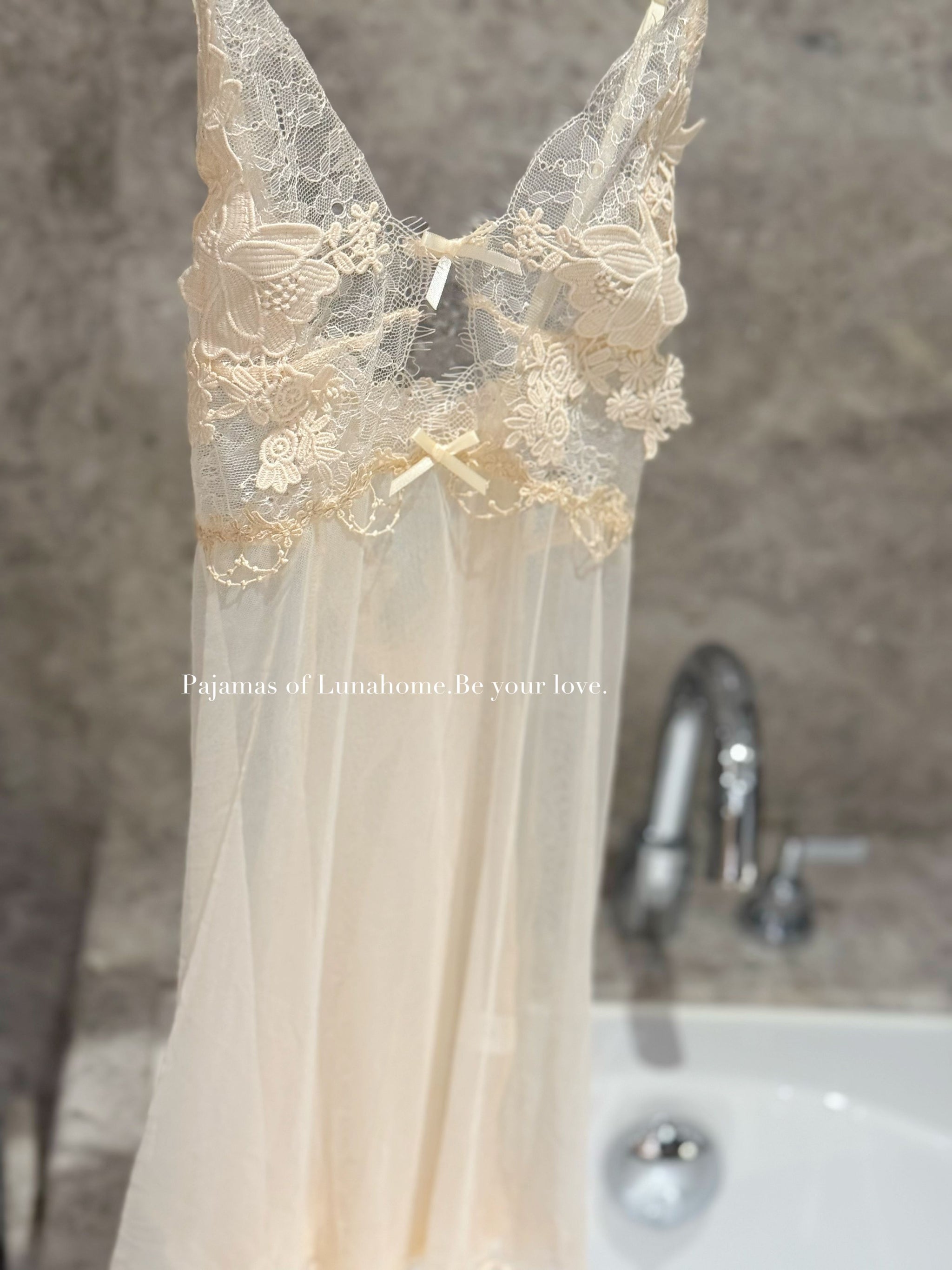 Ivory Lace Mesh Babydoll Lingerie Set with Crotchless Panty