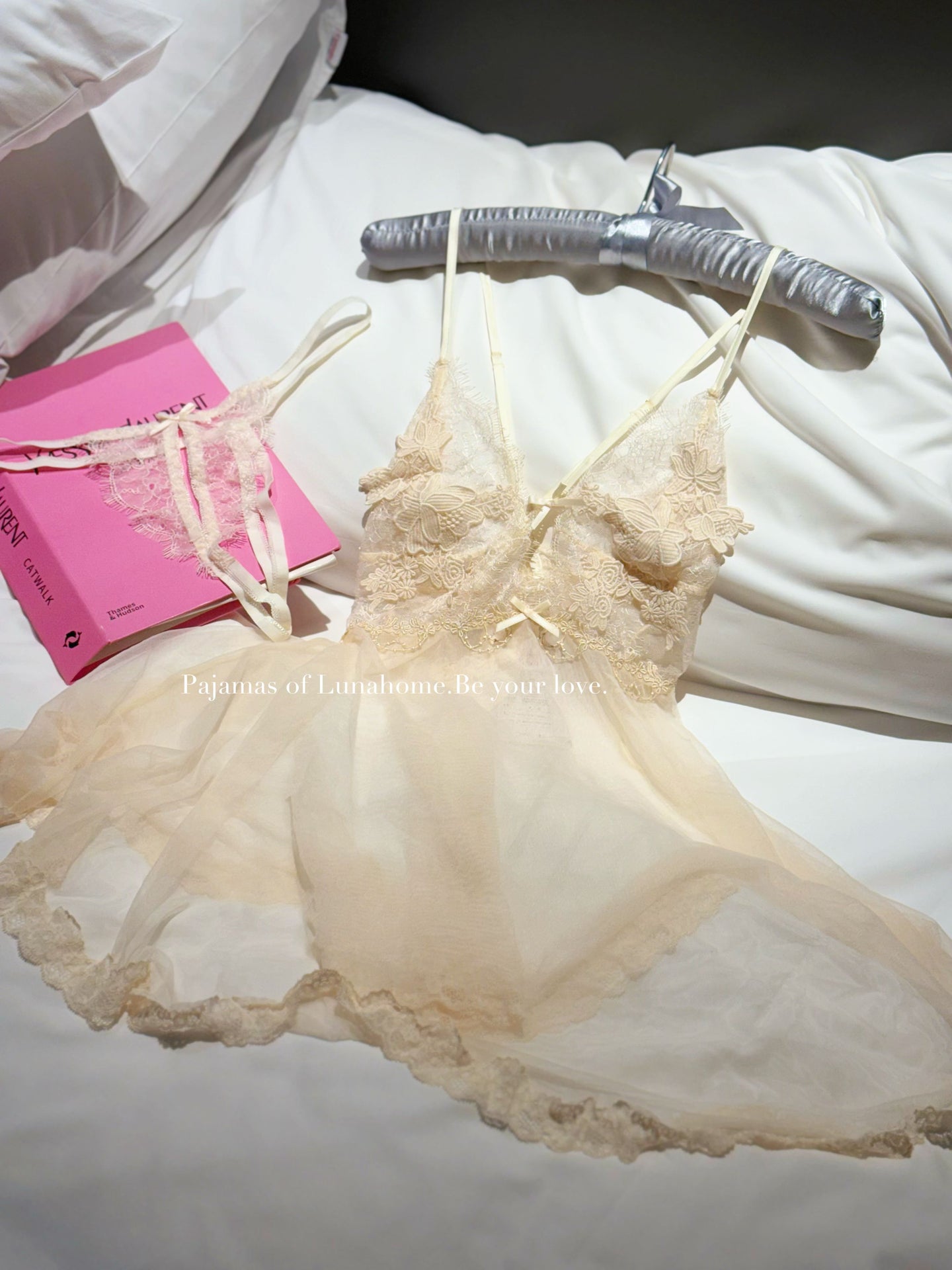 Ivory Lace Mesh Babydoll Lingerie Set with Crotchless Panty