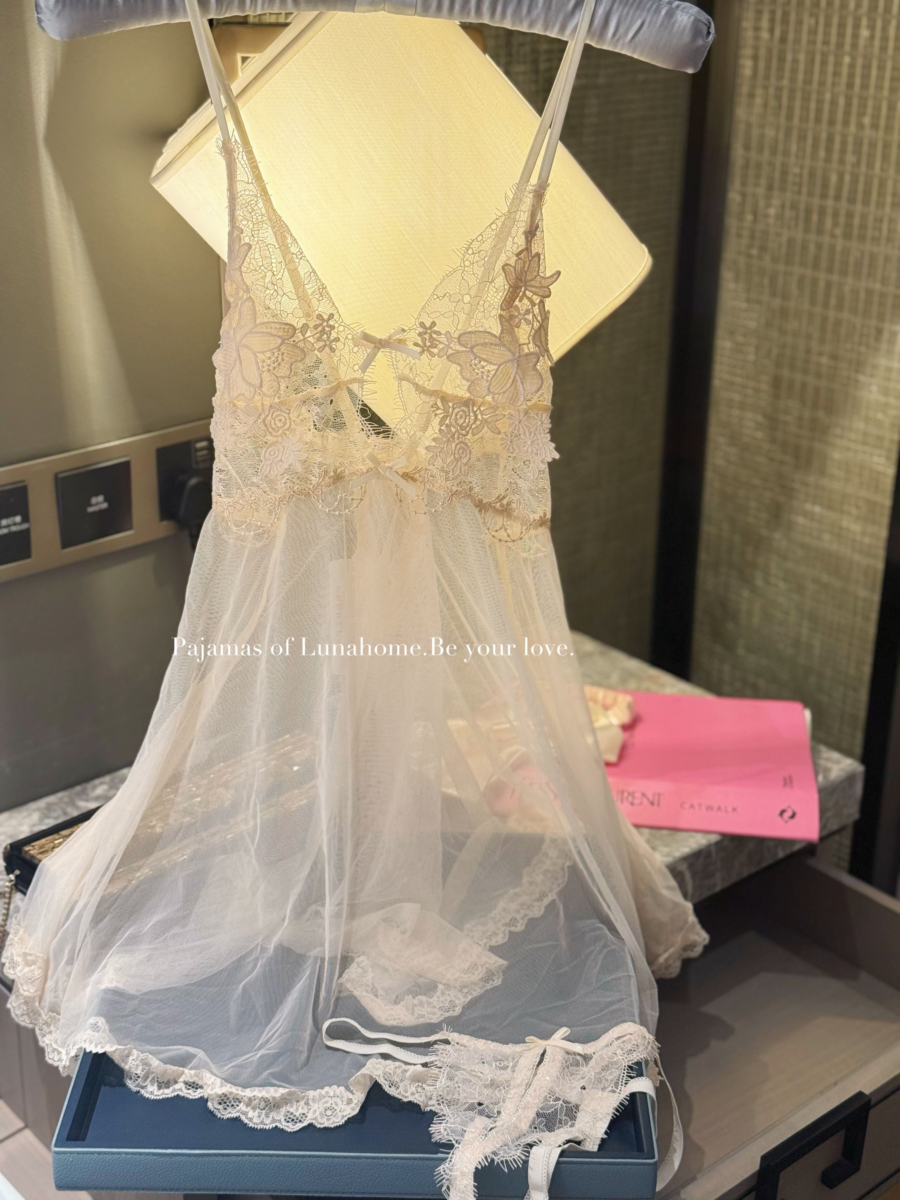 Ivory Lace Mesh Babydoll Lingerie Set with Crotchless Panty