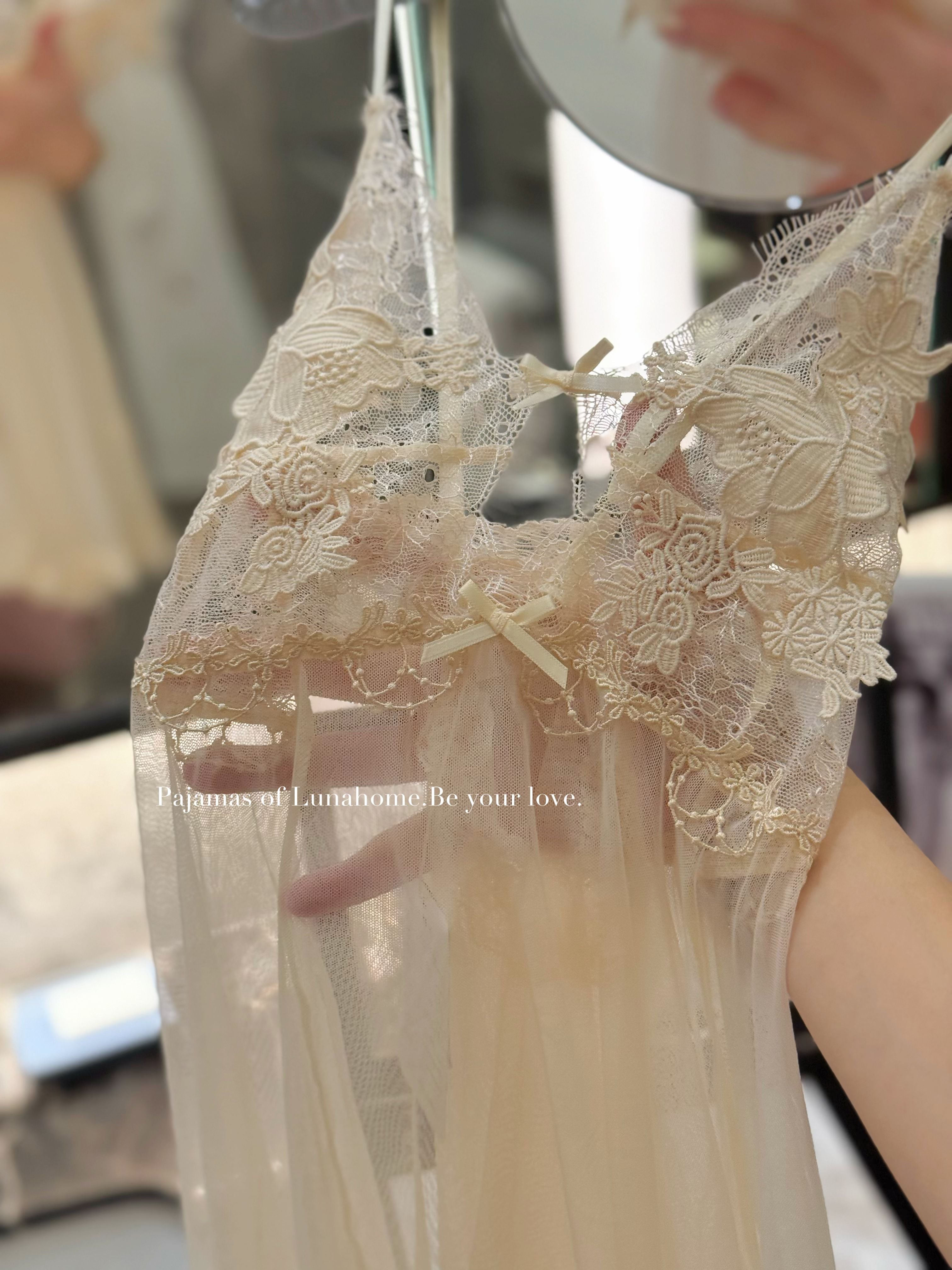 Ivory Lace Mesh Babydoll Lingerie Set with Crotchless Panty