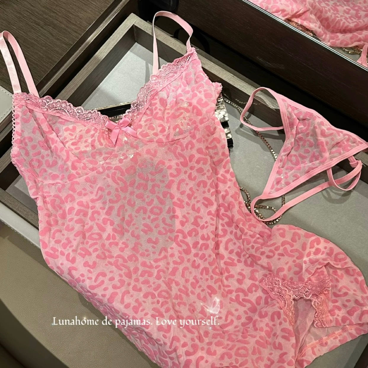 Pink Leopard Print Lace Trim Slip Dress – Sexy Sleepwear
