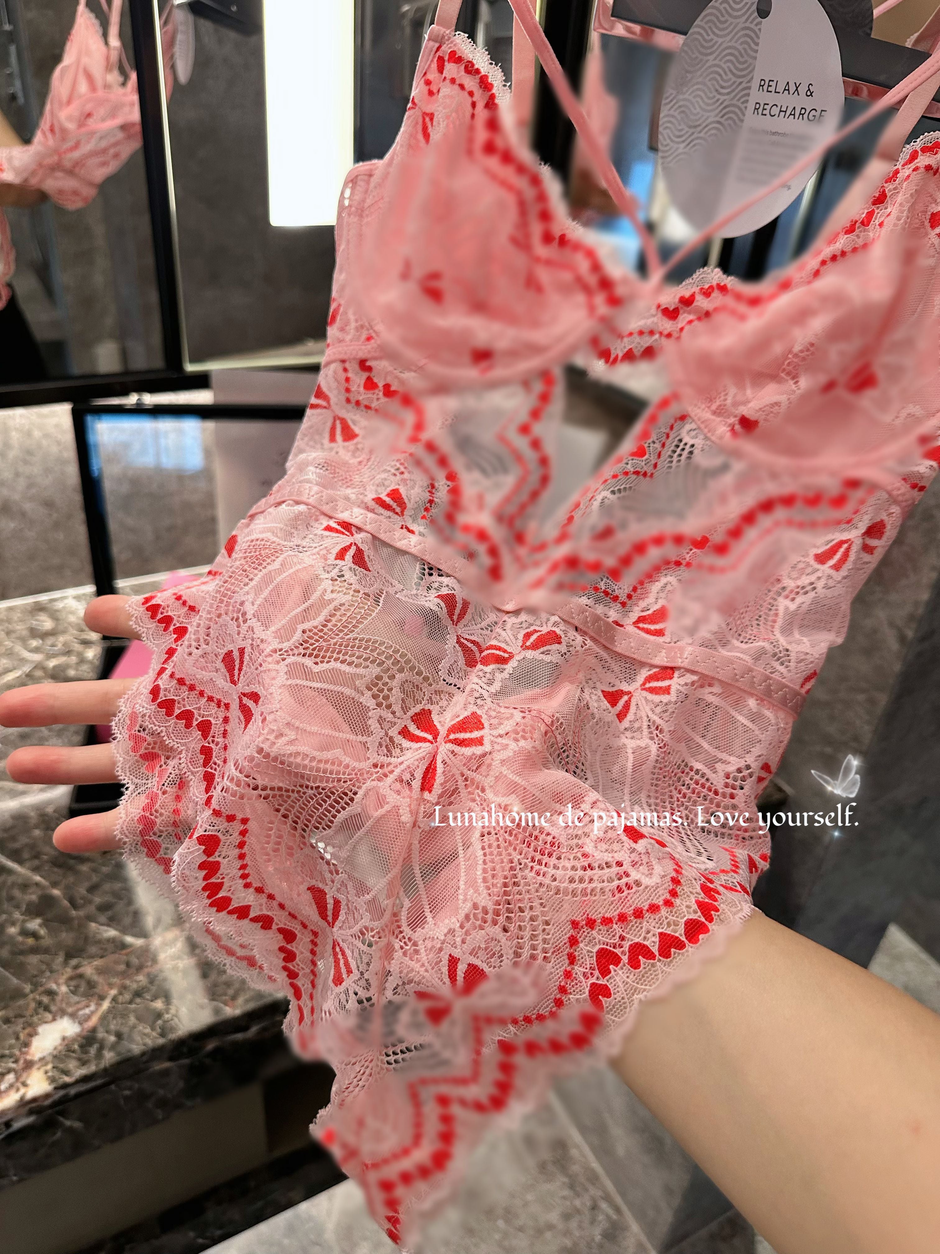 Pink Heart Embroidered Lace Teddy Bodysuit – Underwire Strappy Lingerie | Free Stockings