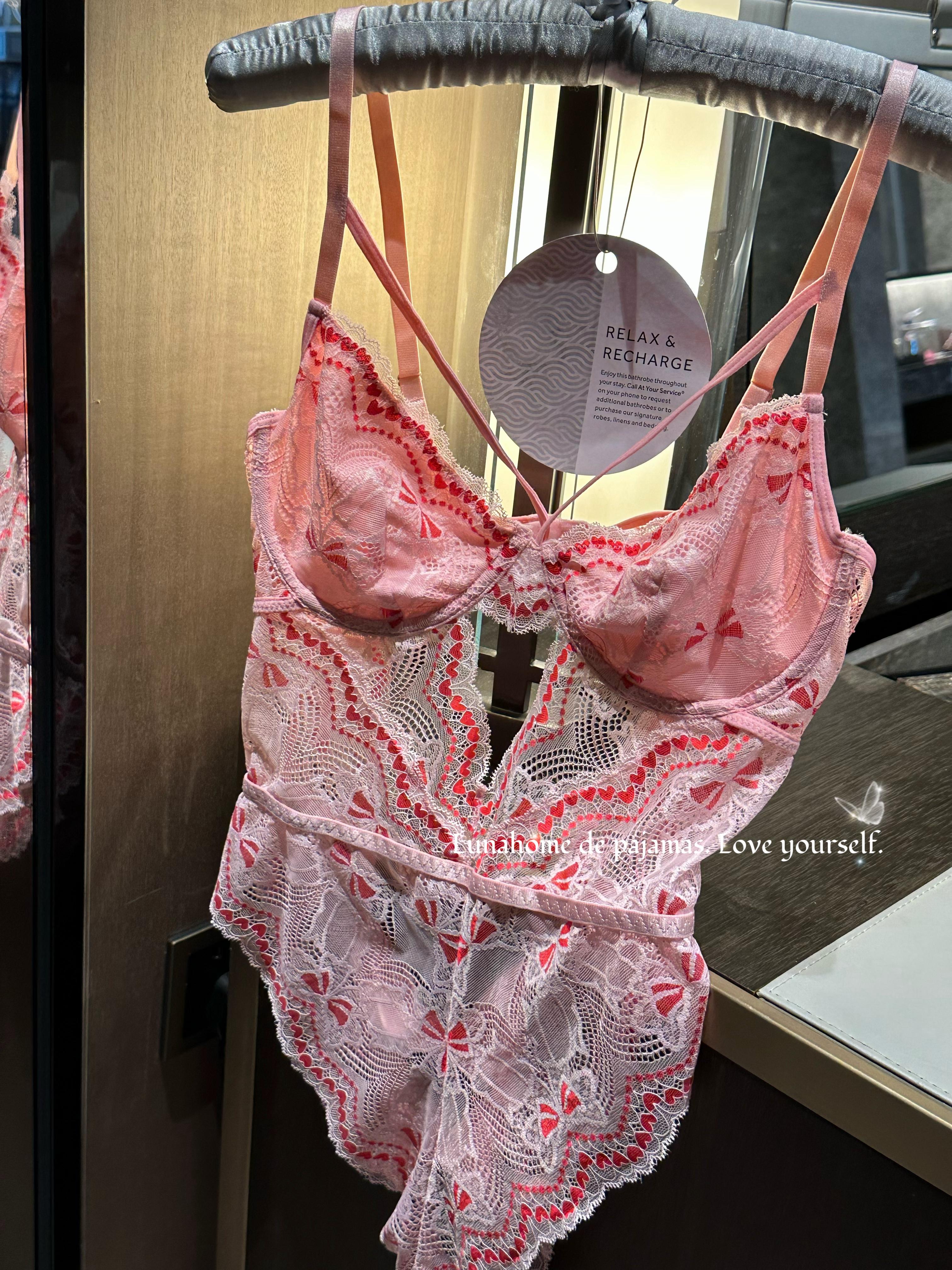 Pink Heart Embroidered Lace Teddy Bodysuit – Underwire Strappy Lingerie | Free Stockings