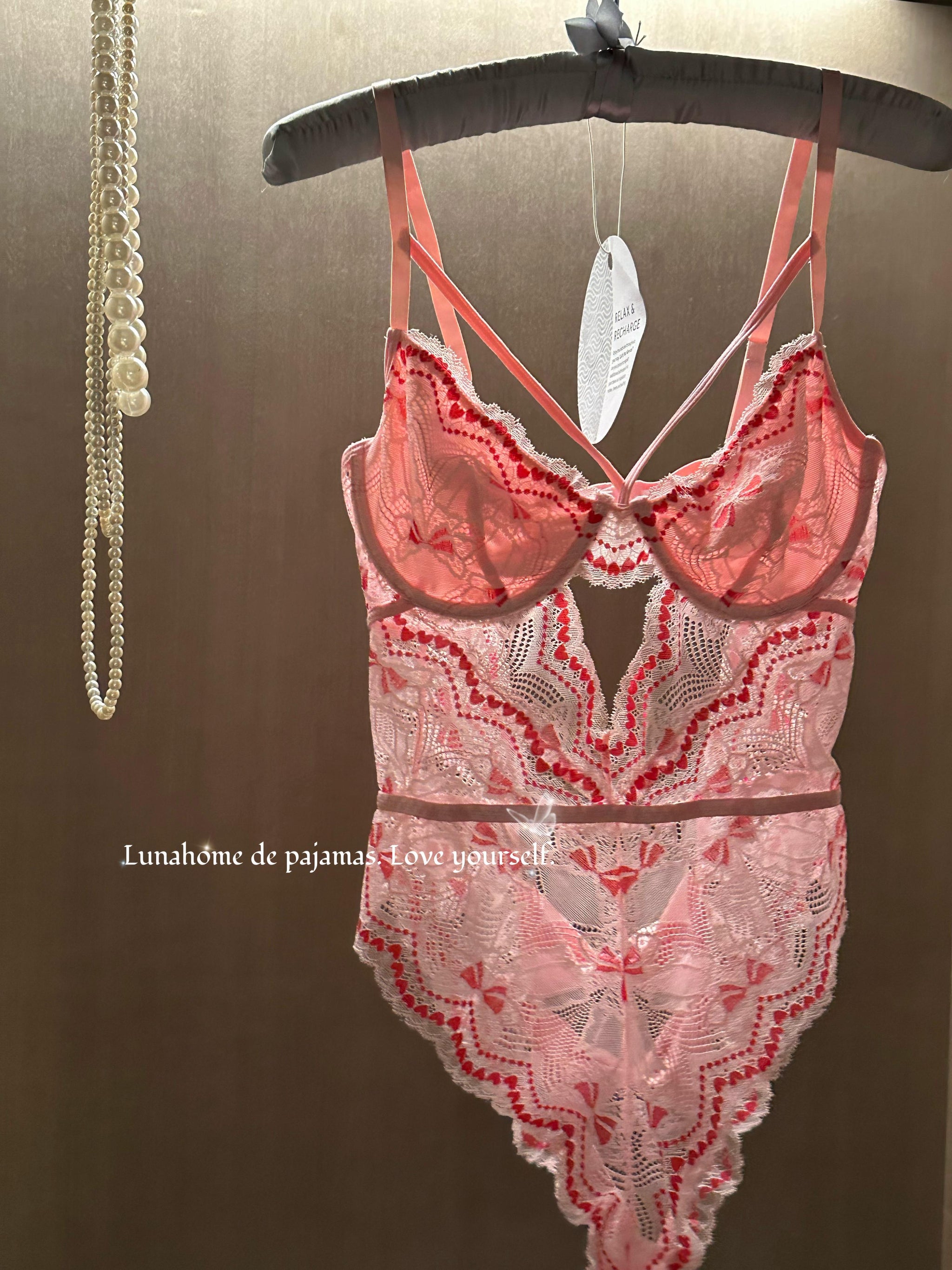 Pink Heart Embroidered Lace Teddy Bodysuit – Underwire Strappy Lingerie | Free Stockings