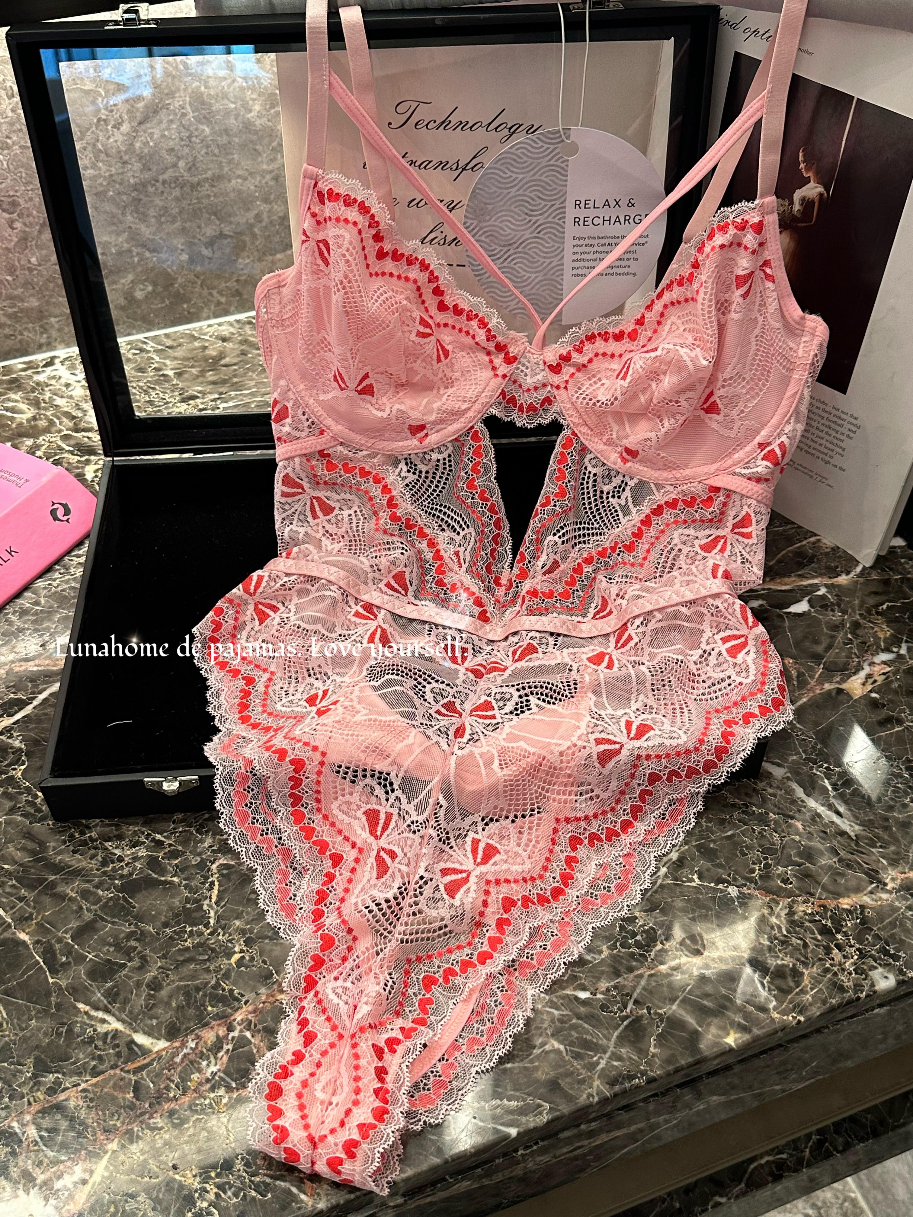 Pink Heart Embroidered Lace Teddy Bodysuit – Underwire Strappy Lingerie | Free Stockings