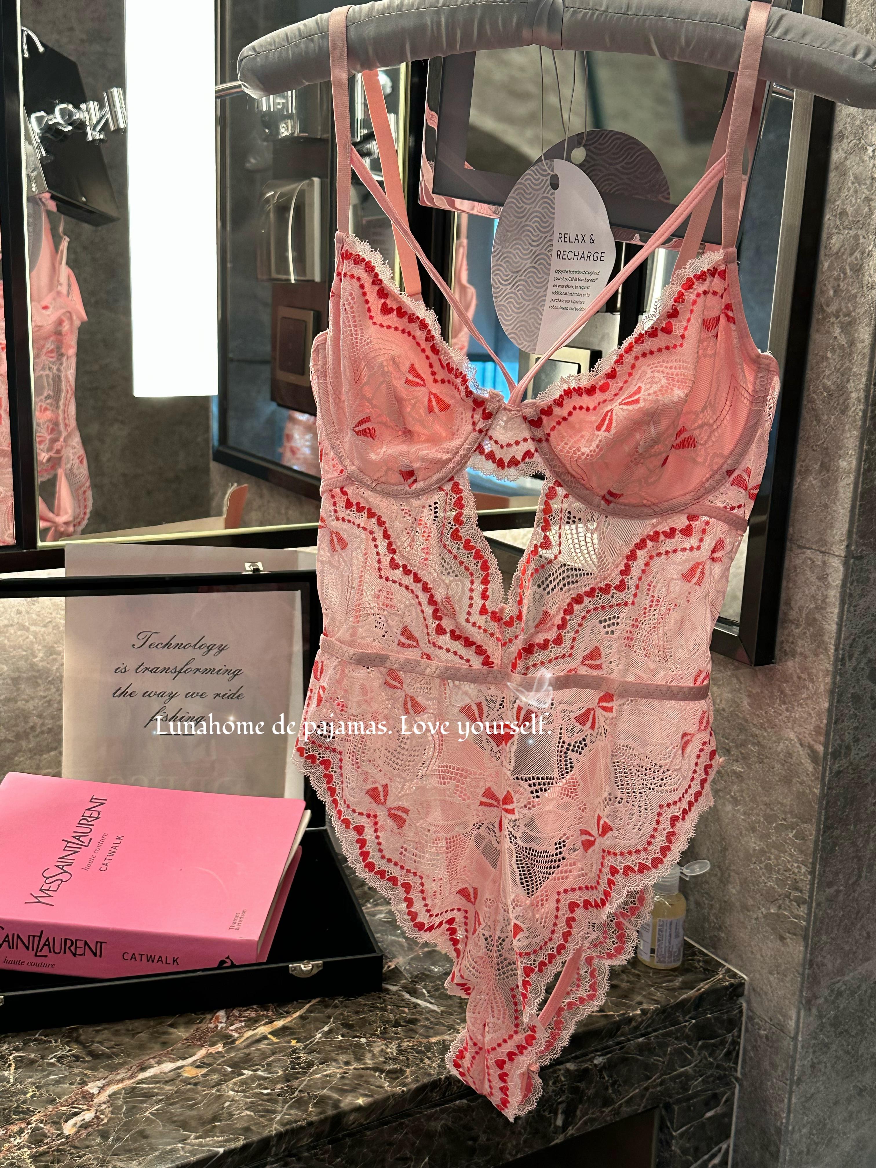 Pink Heart Embroidered Lace Teddy Bodysuit – Underwire Strappy Lingerie | Free Stockings