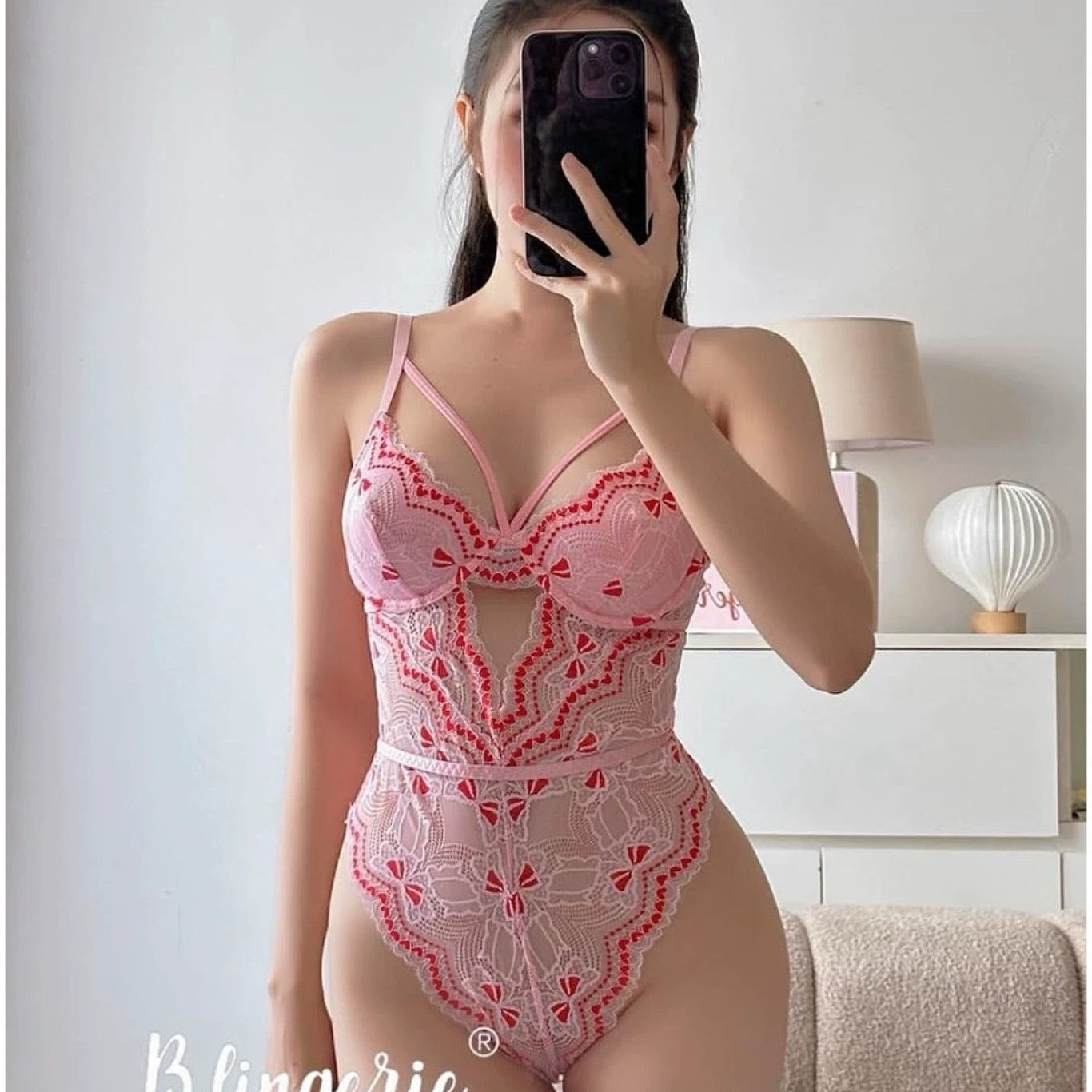 Pink Heart Embroidered Lace Teddy Bodysuit – Underwire Strappy Lingerie | Free Stockings