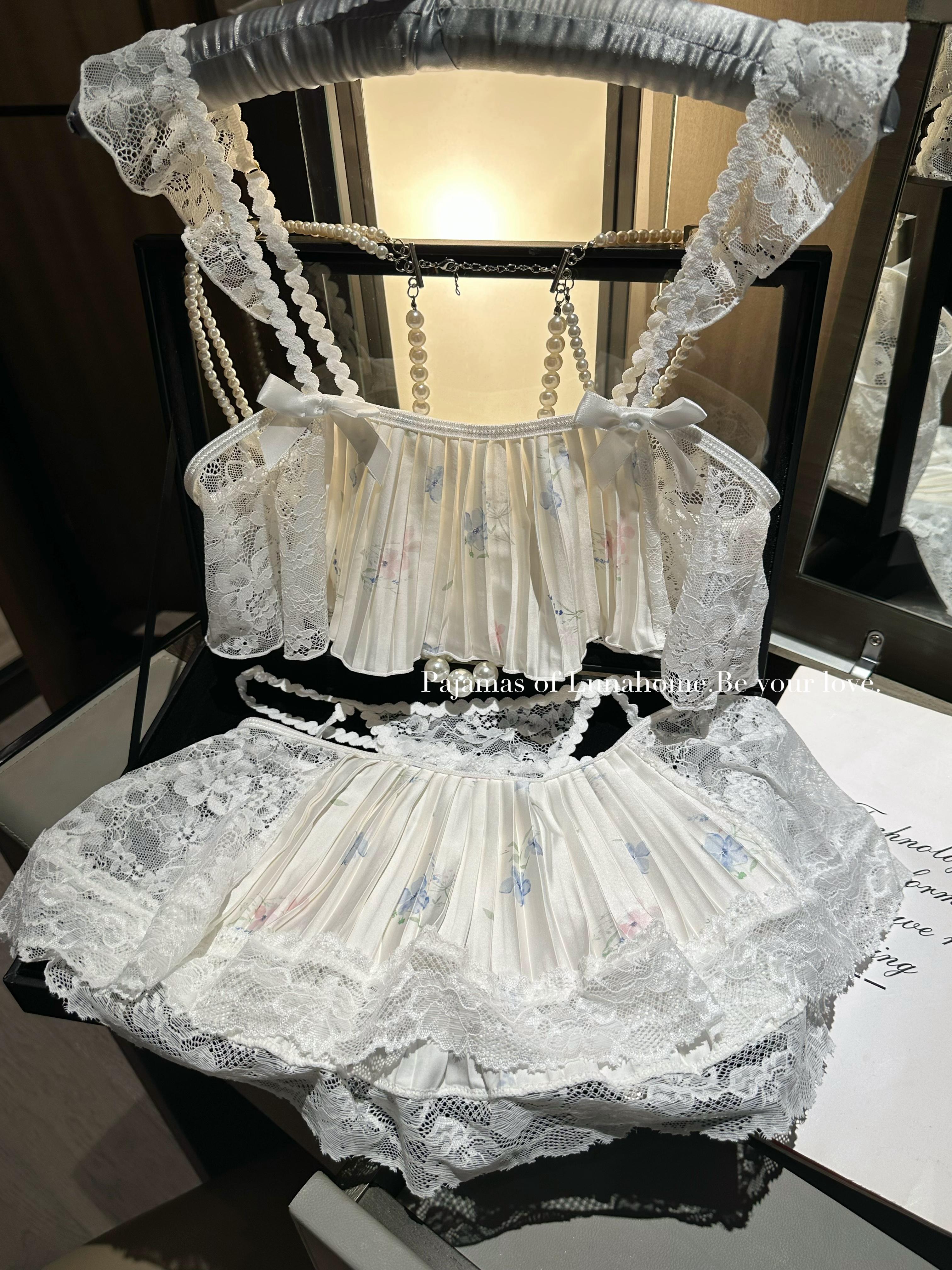 White Floral Ice Silk Pleated Lingerie Set – Crop Top + Mini Skirt + Panty with Leg Ring