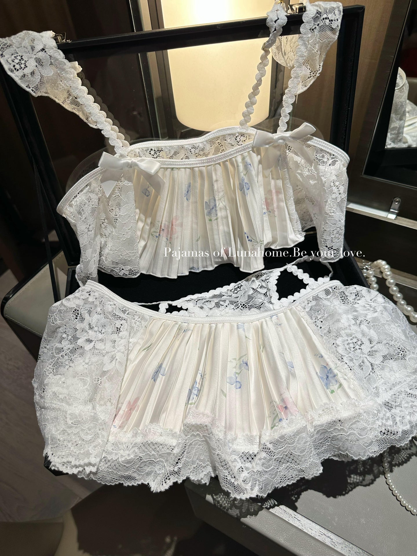 White Floral Ice Silk Pleated Lingerie Set – Crop Top + Mini Skirt + Panty with Leg Ring