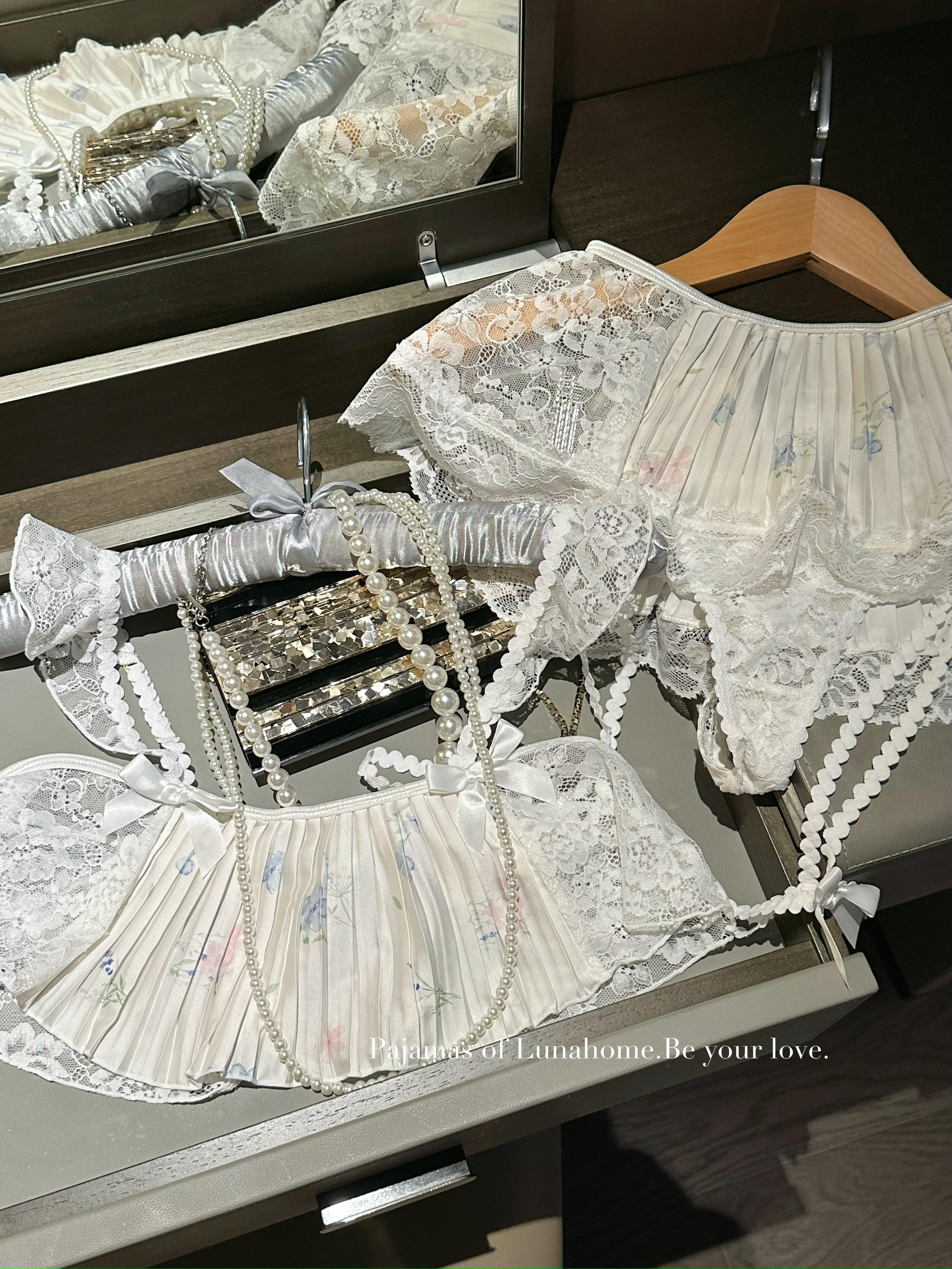 White Floral Ice Silk Pleated Lingerie Set – Crop Top + Mini Skirt + Panty with Leg Ring