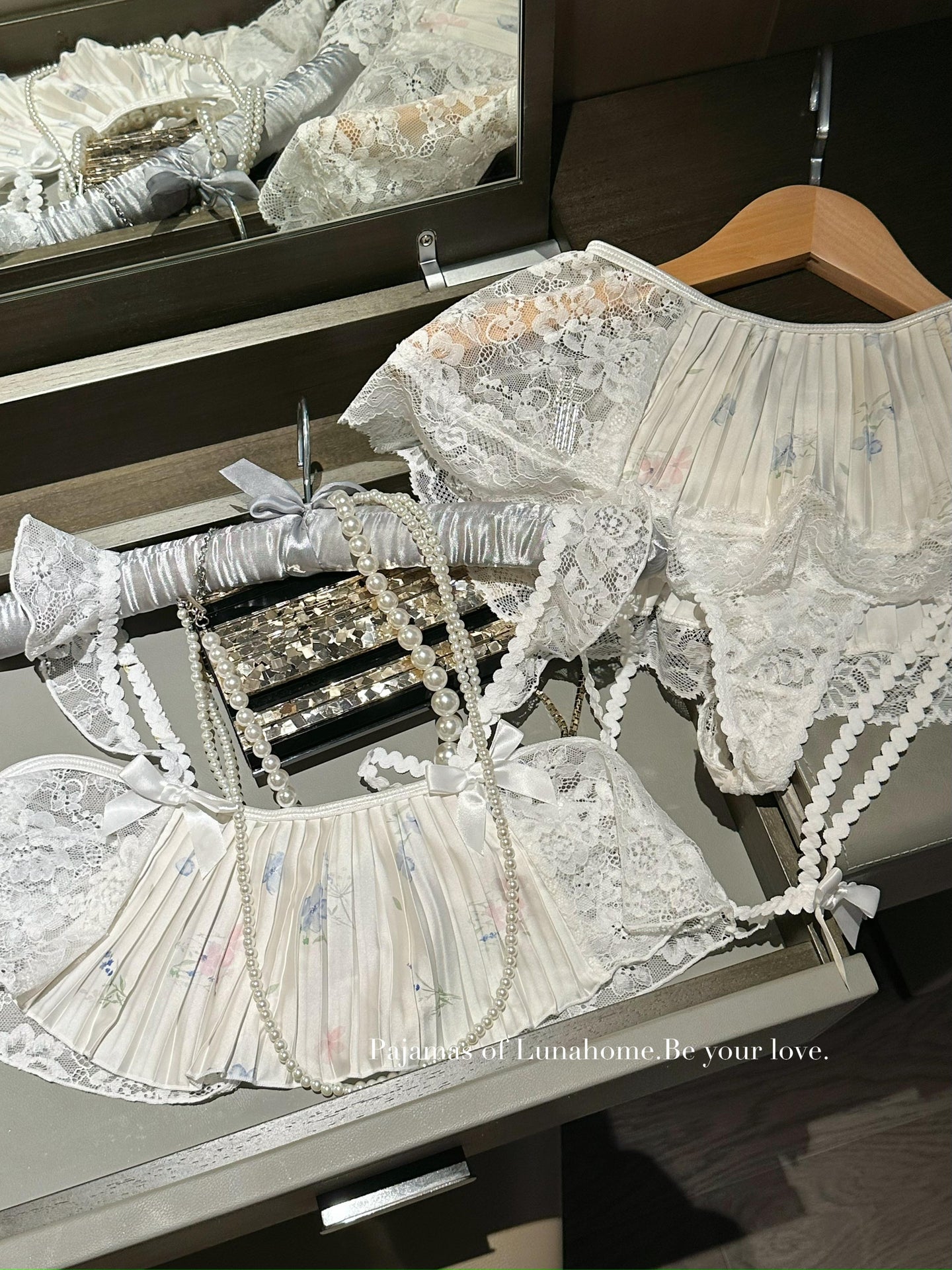White Floral Ice Silk Pleated Lingerie Set – Crop Top + Mini Skirt + Panty with Leg Ring
