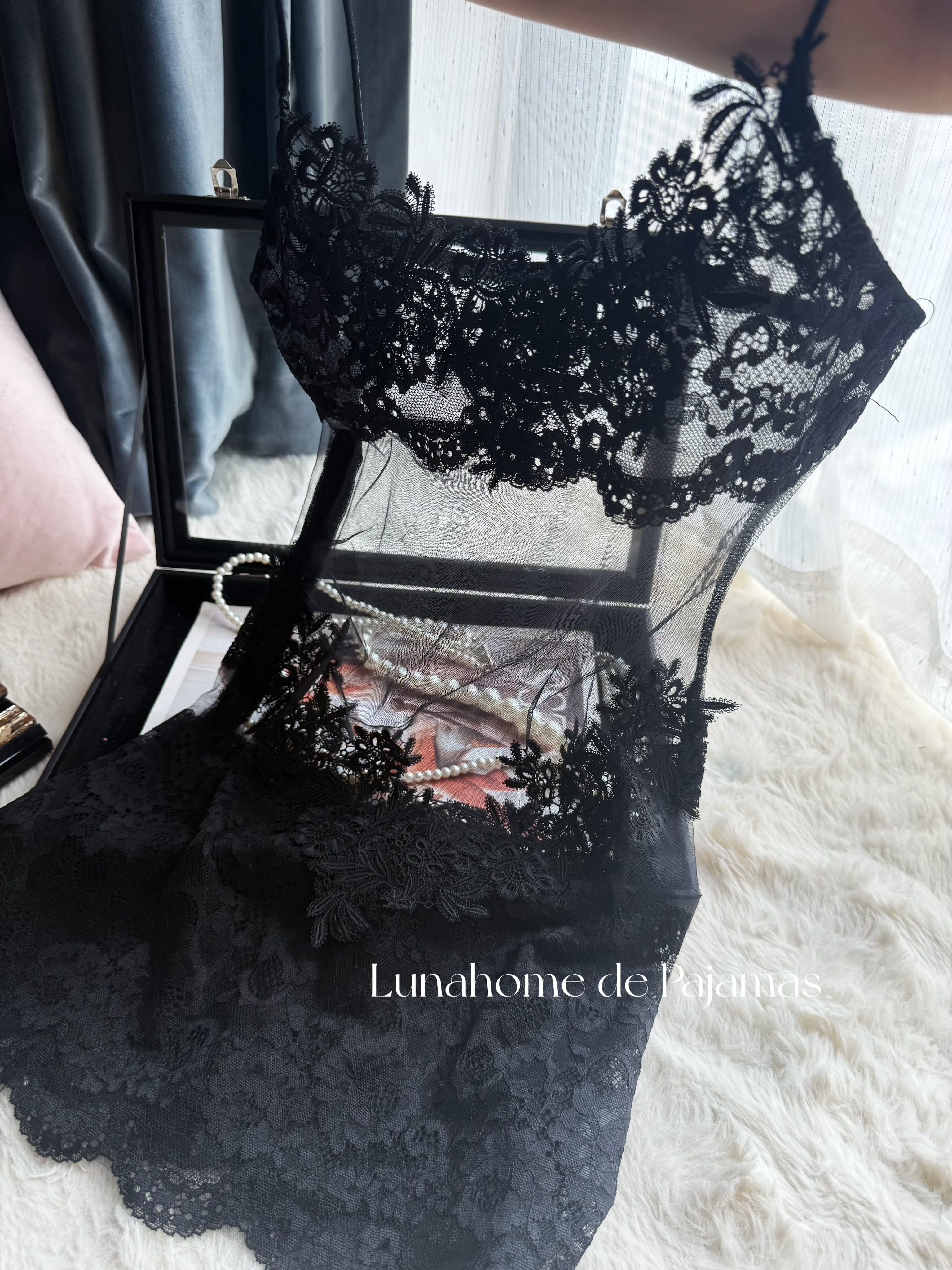 Floral Lace Bra & Mini Skirt Lingerie Set – Sheer Stretch Mesh | Free Matching Stockings