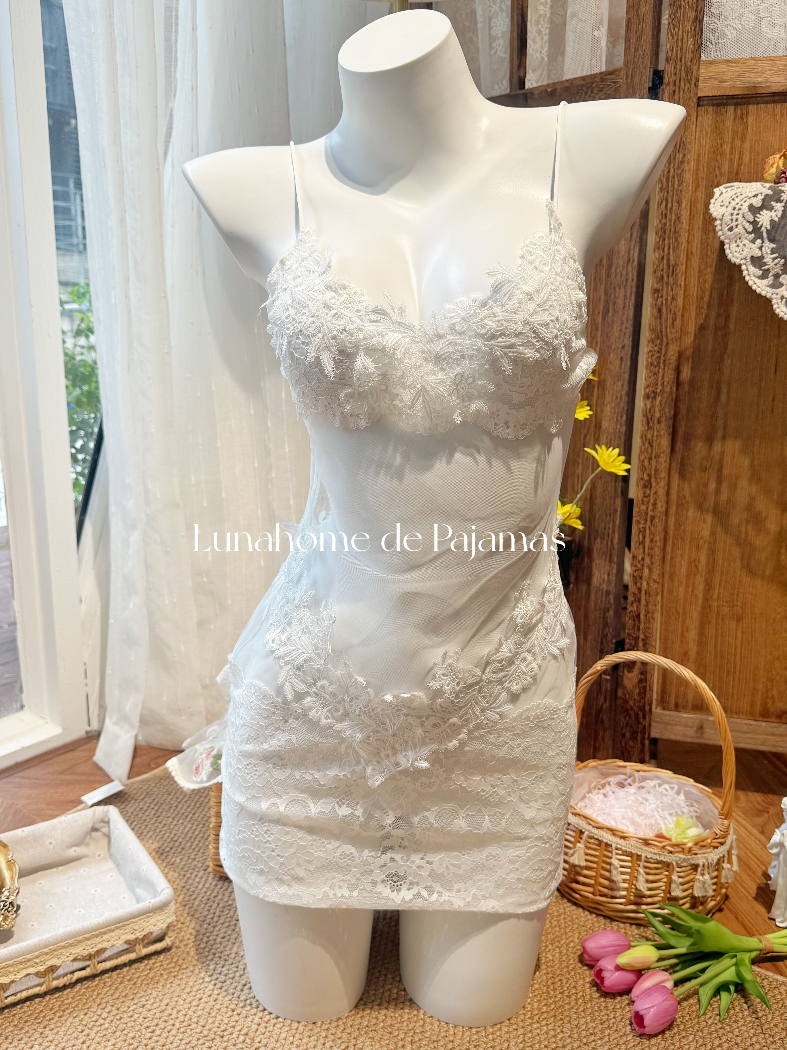 Floral Lace Bra & Mini Skirt Lingerie Set – Sheer Stretch Mesh | Free Matching Stockings