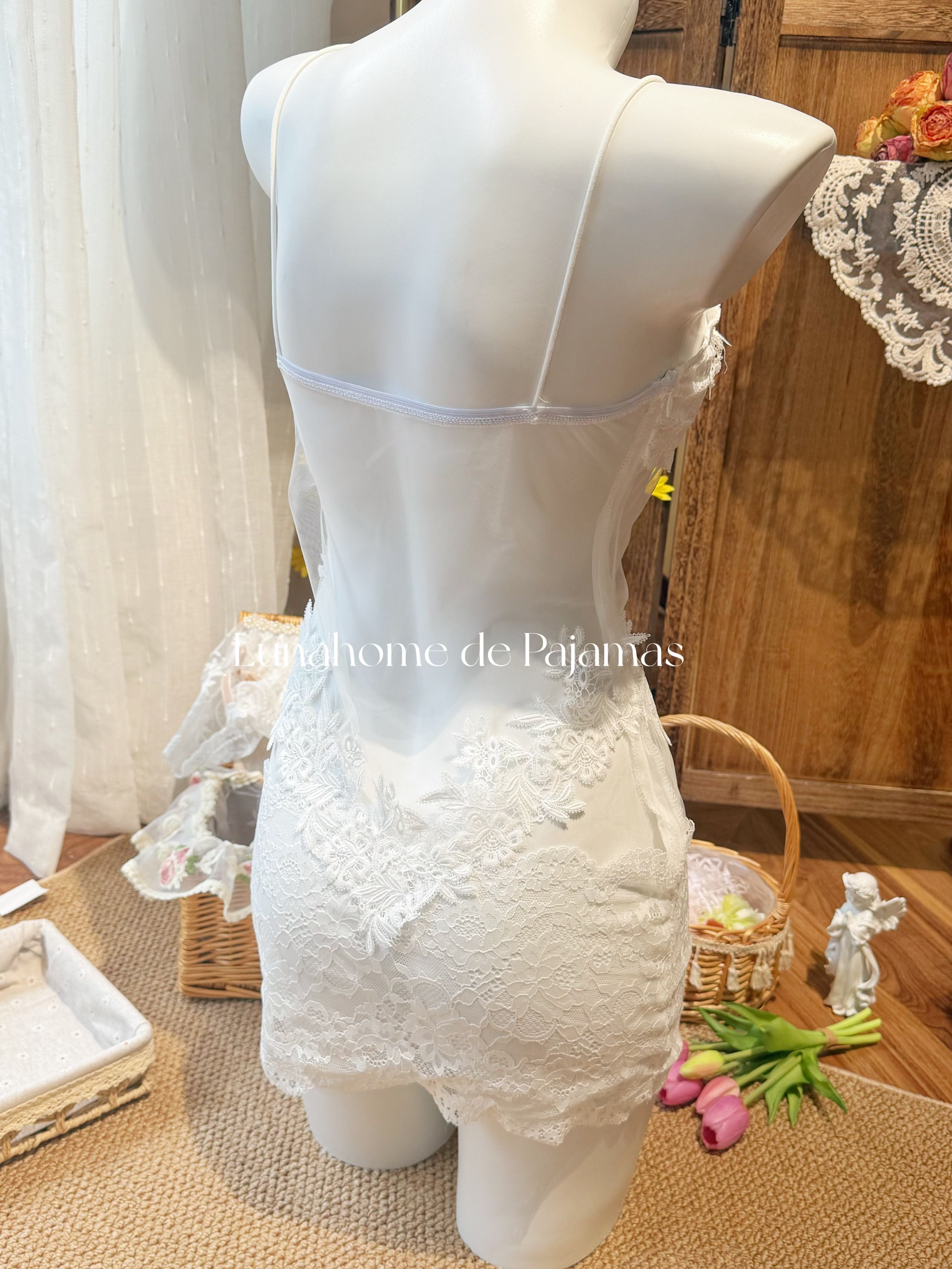 Floral Lace Bra & Mini Skirt Lingerie Set – Sheer Stretch Mesh | Free Matching Stockings