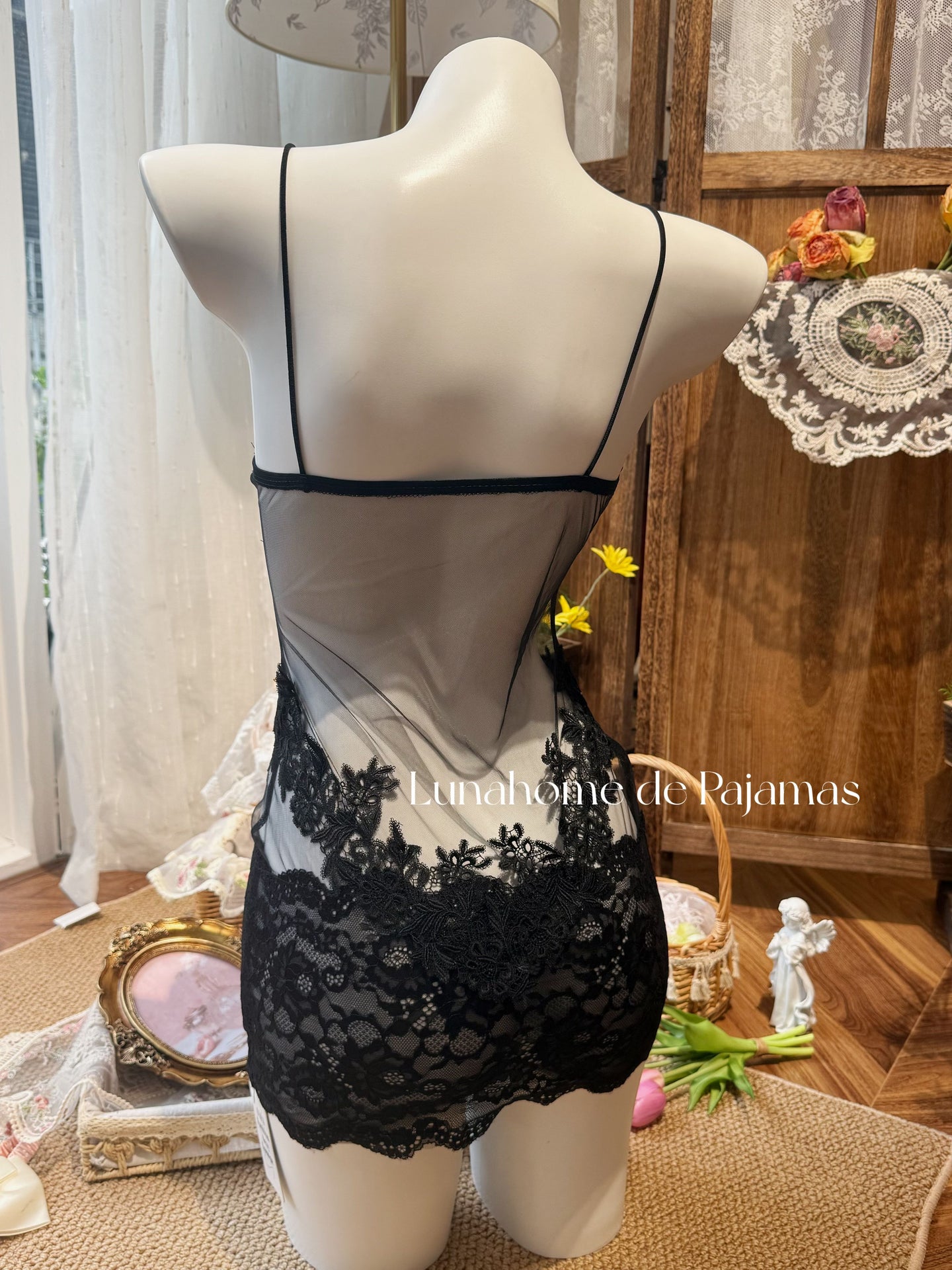 Floral Lace Bra & Mini Skirt Lingerie Set – Sheer Stretch Mesh | Free Matching Stockings