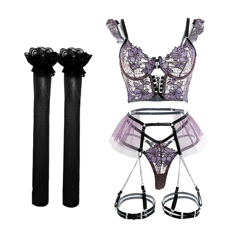 Purple Floral Lace Lingerie Set – Bra, Thong, Tulle Skirt & Garter Belt with Chain | Free Stockings