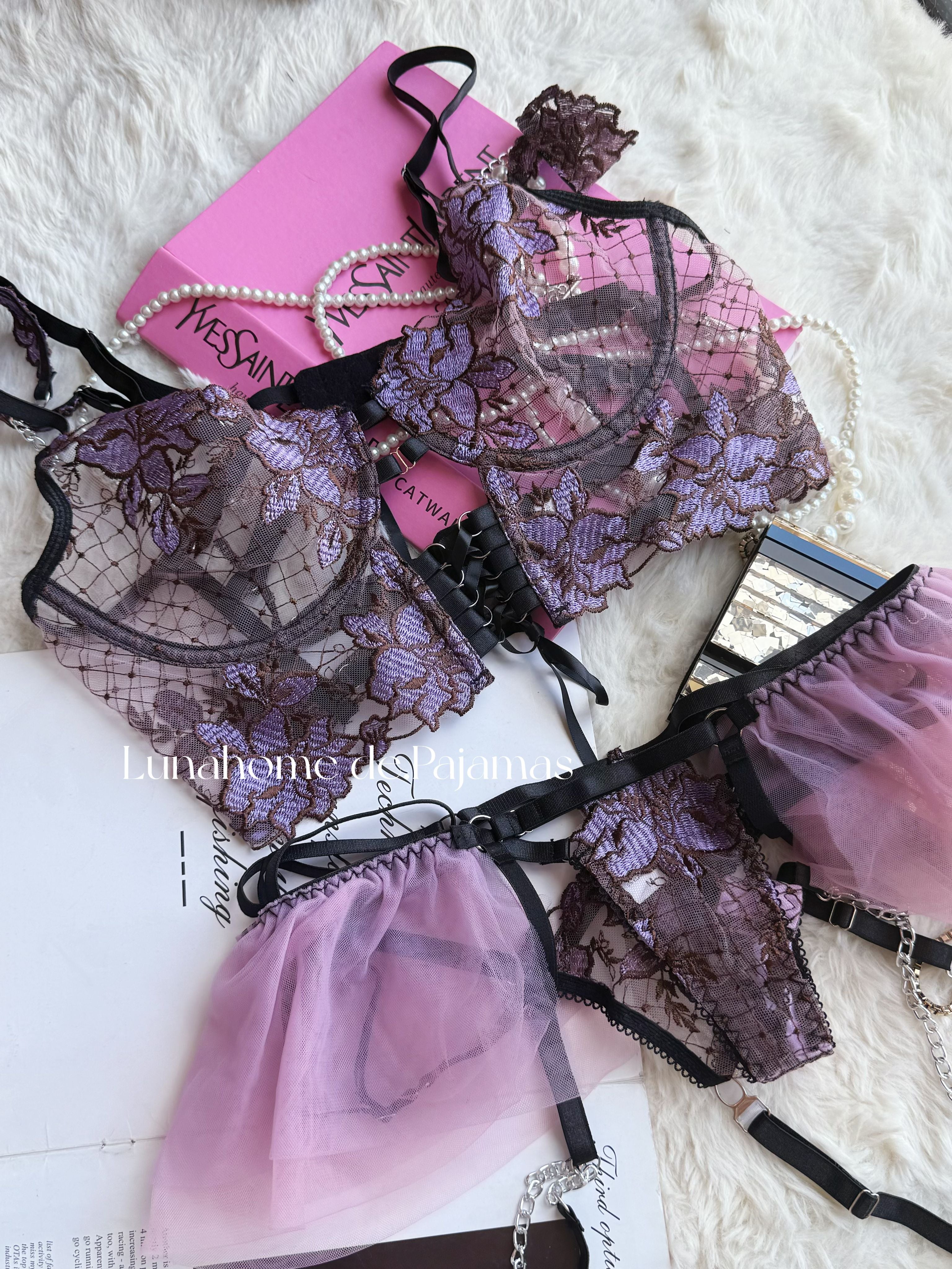 Purple Floral Lace Lingerie Set – Bra, Thong, Tulle Skirt & Garter Belt with Chain | Free Stockings