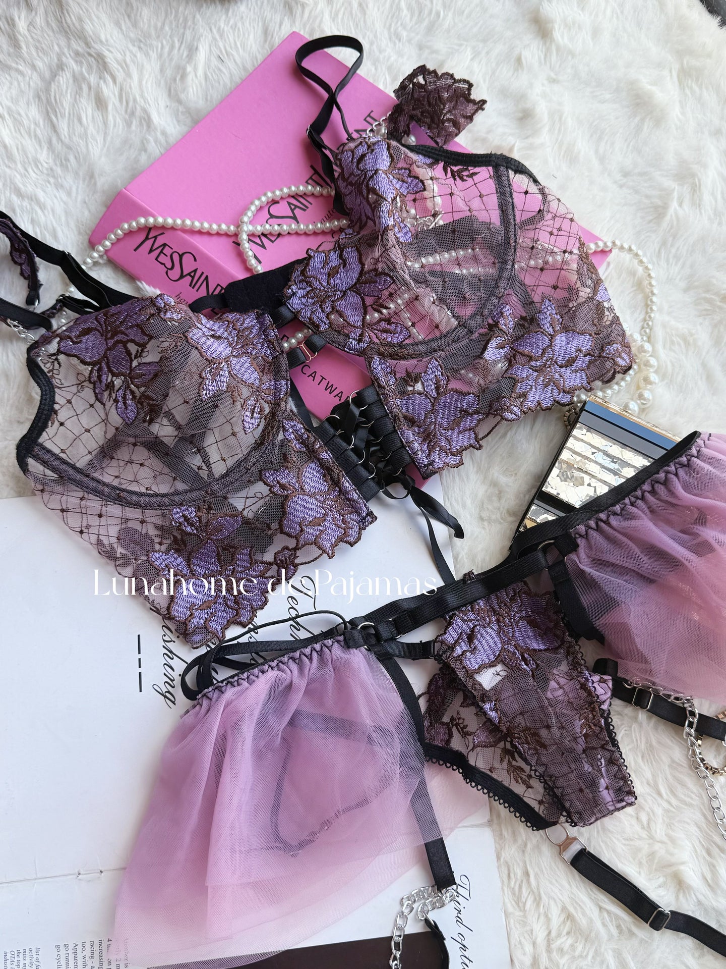Purple Floral Lace Lingerie Set – Bra, Thong, Tulle Skirt & Garter Belt with Chain | Free Stockings