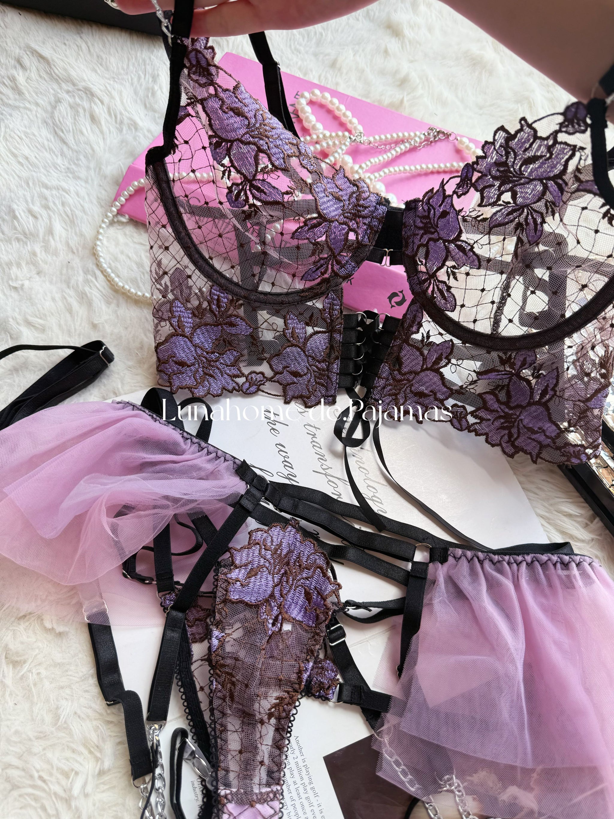 Purple Floral Lace Lingerie Set – Bra, Thong, Tulle Skirt & Garter Belt with Chain | Free Stockings