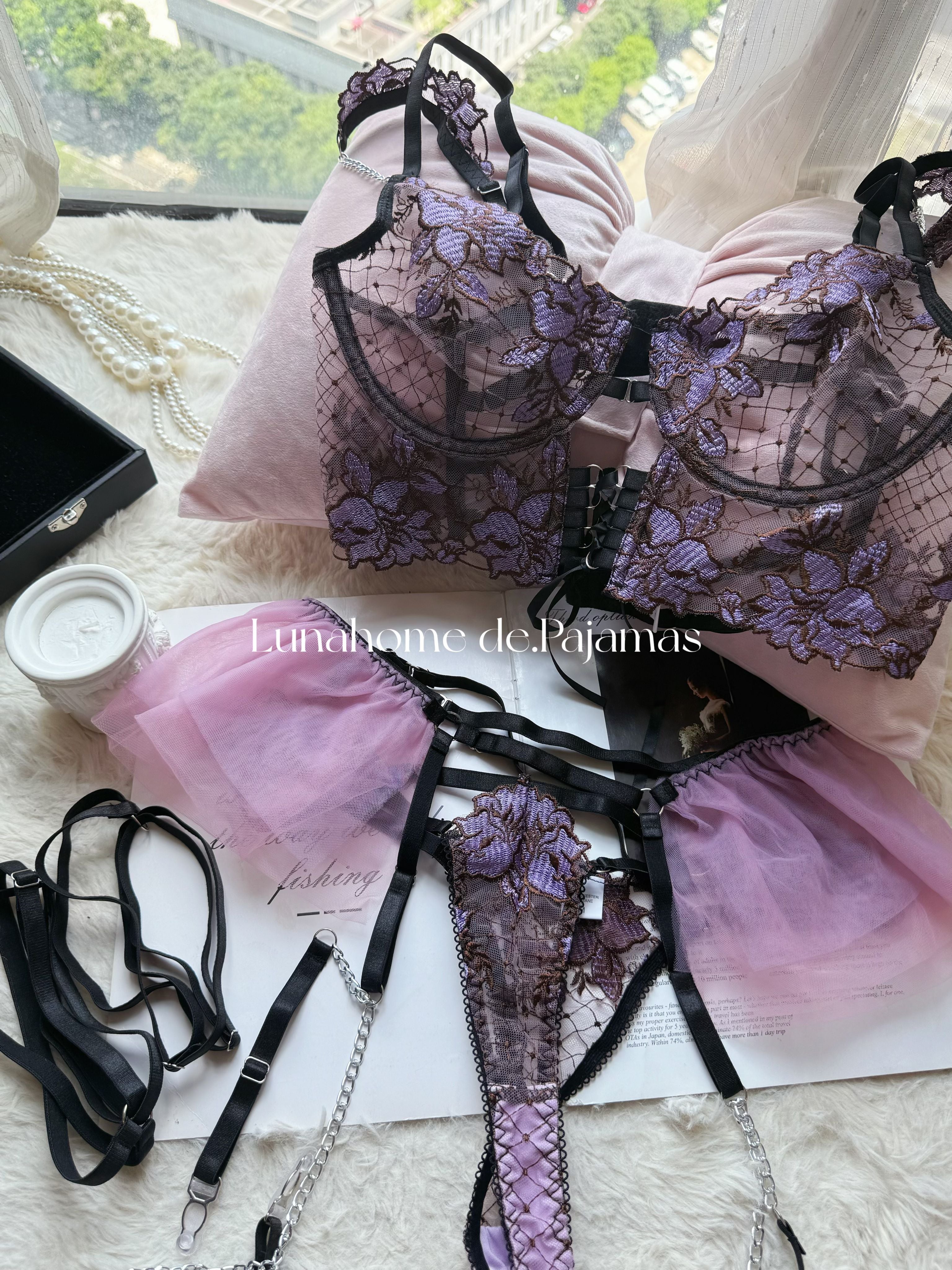 Purple Floral Lace Lingerie Set – Bra, Thong, Tulle Skirt & Garter Belt with Chain | Free Stockings