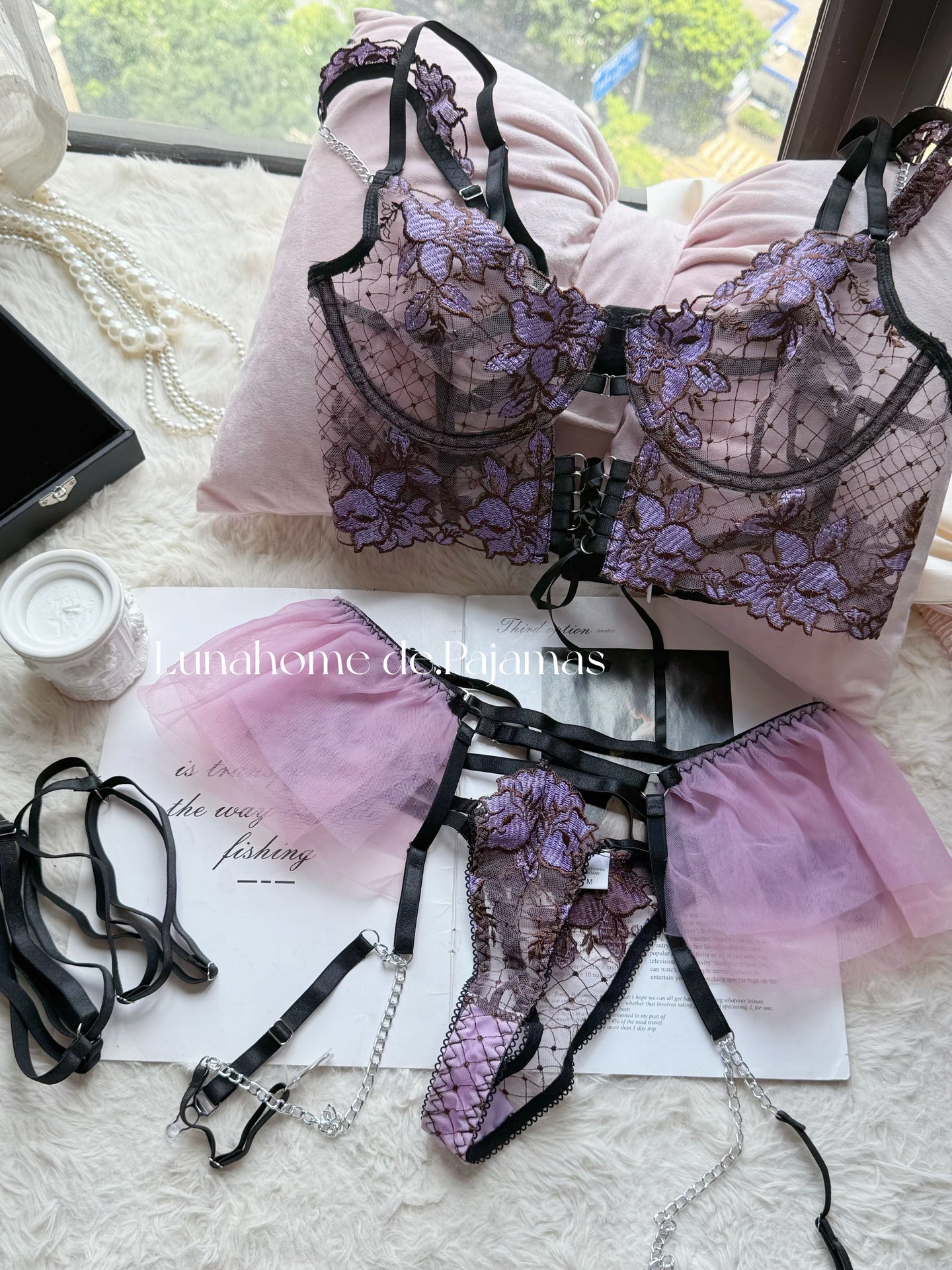 Purple Floral Lace Lingerie Set – Bra, Thong, Tulle Skirt & Garter Belt with Chain | Free Stockings