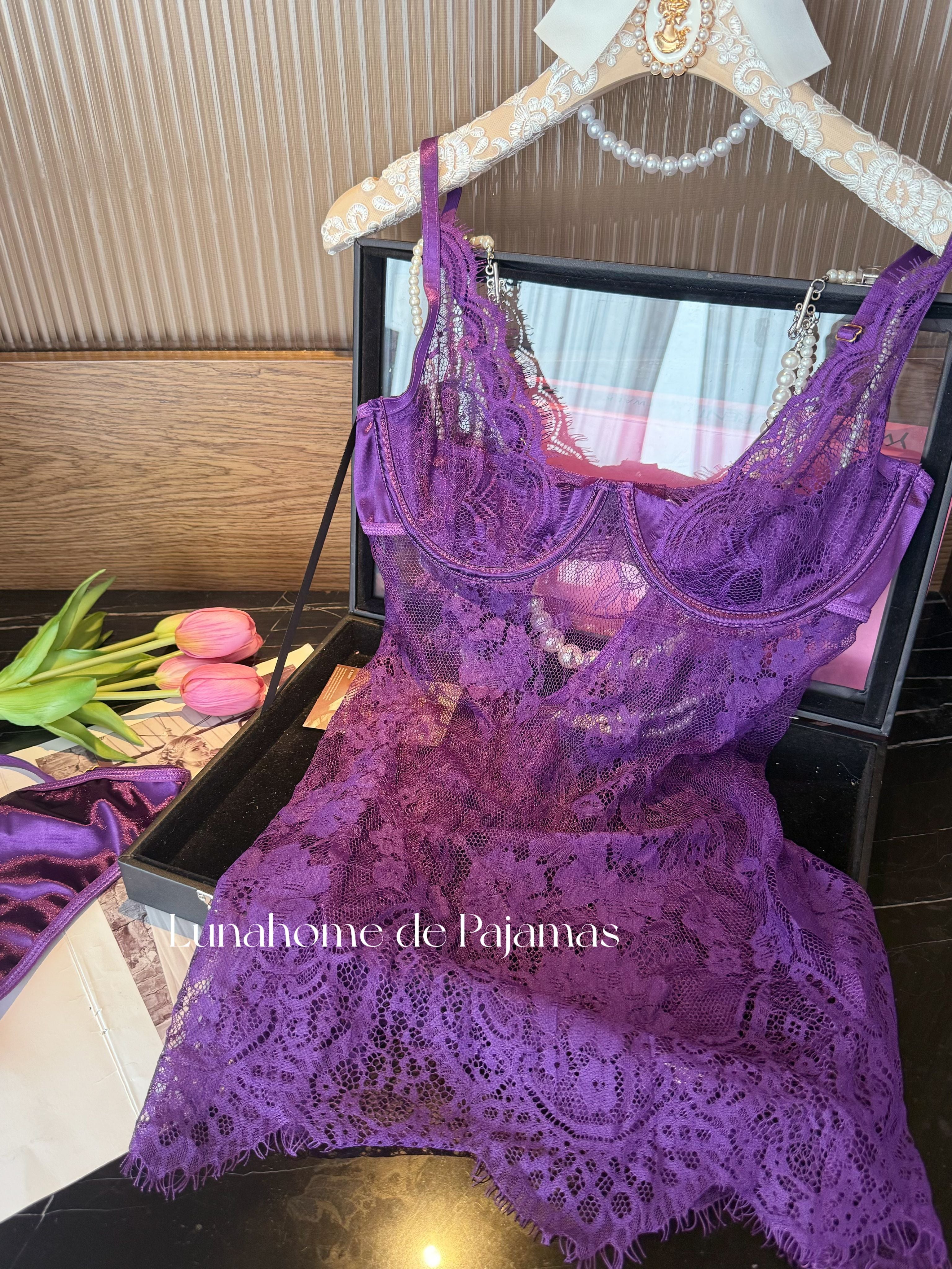 Sheer Floral Lace Babydoll Slip Dress – Sexy Lingerie Nightgown | Free Matching Stockings