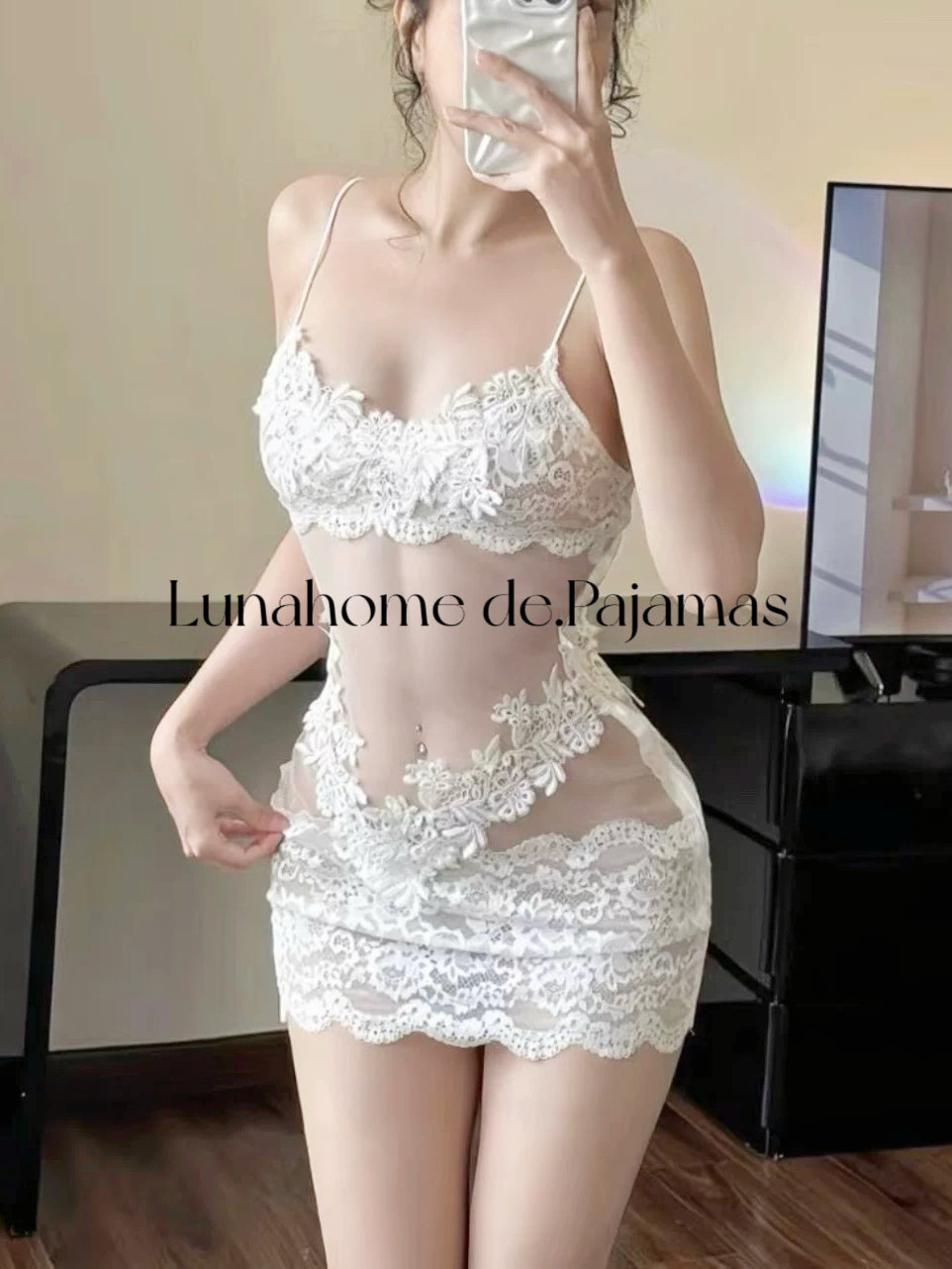 Floral Lace Bra & Mini Skirt Lingerie Set – Sheer Stretch Mesh | Free Matching Stockings