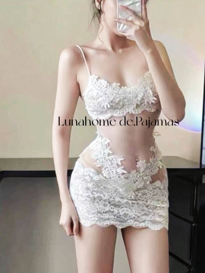 Floral Lace Bra & Mini Skirt Lingerie Set – Sheer Stretch Mesh | Free Matching Stockings
