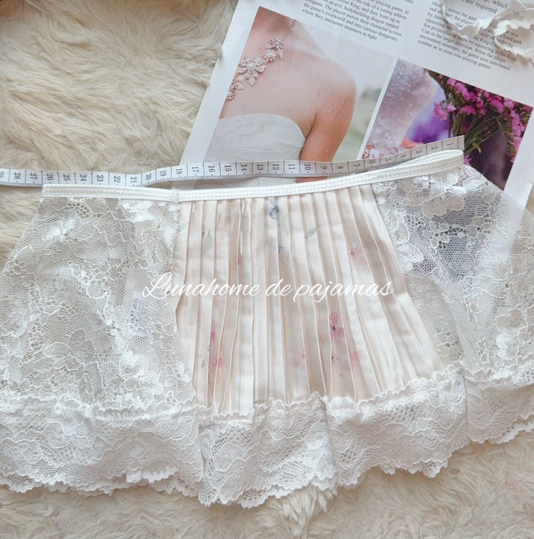 White Floral Ice Silk Pleated Lingerie Set – Crop Top + Mini Skirt + Panty with Leg Ring