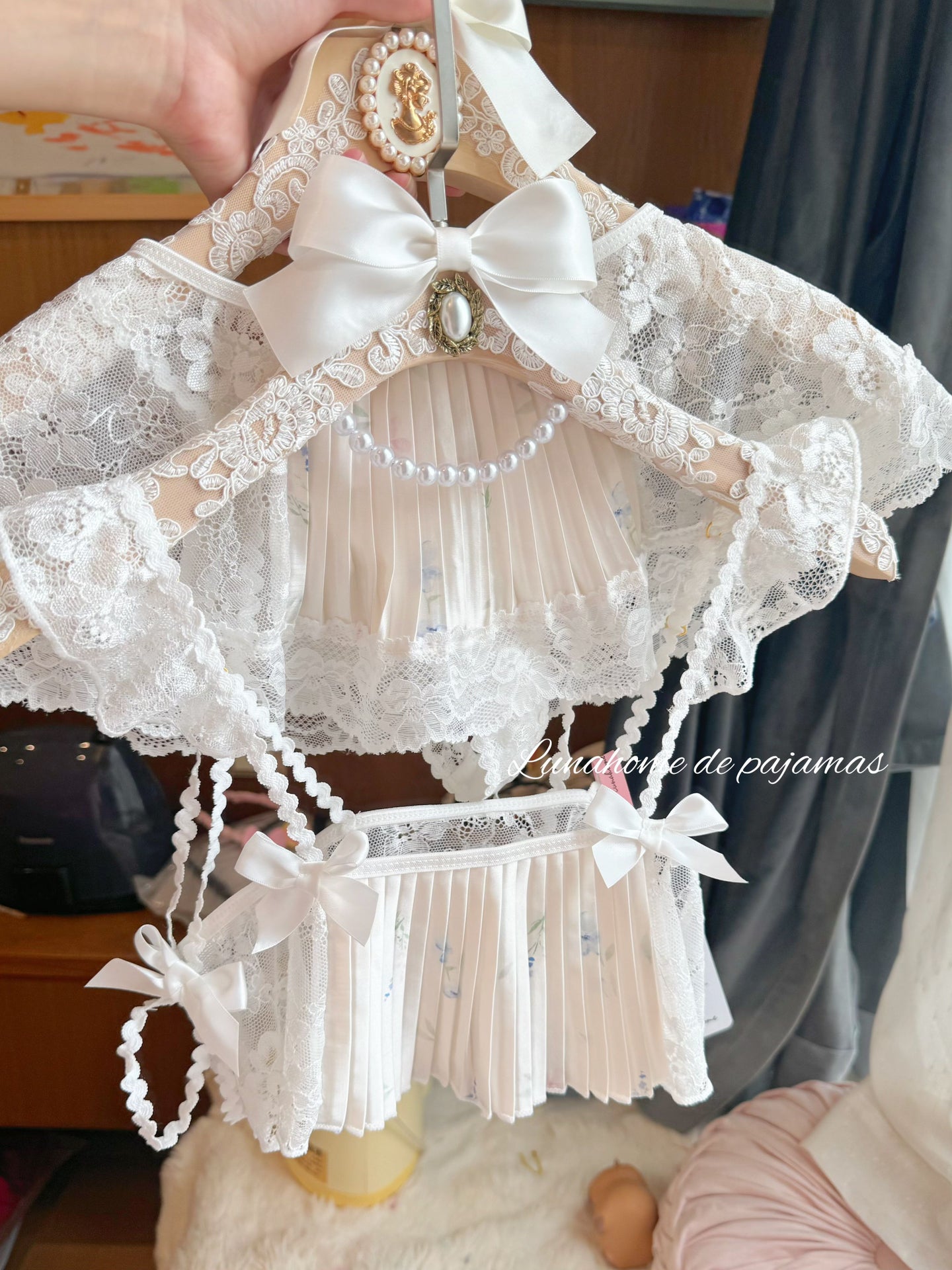 White Floral Ice Silk Pleated Lingerie Set – Crop Top + Mini Skirt + Panty with Leg Ring