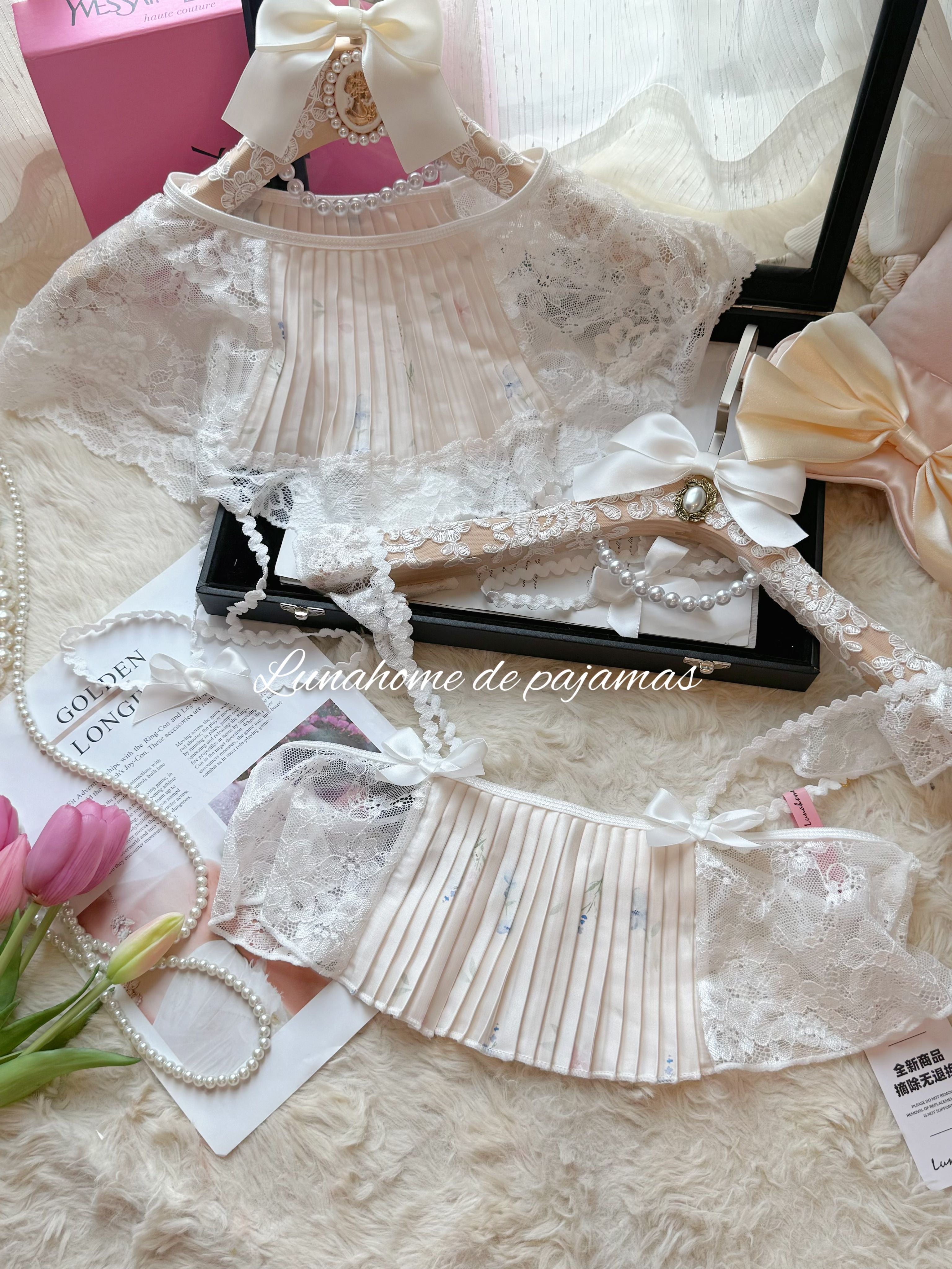 White Floral Ice Silk Pleated Lingerie Set – Crop Top + Mini Skirt + Panty with Leg Ring