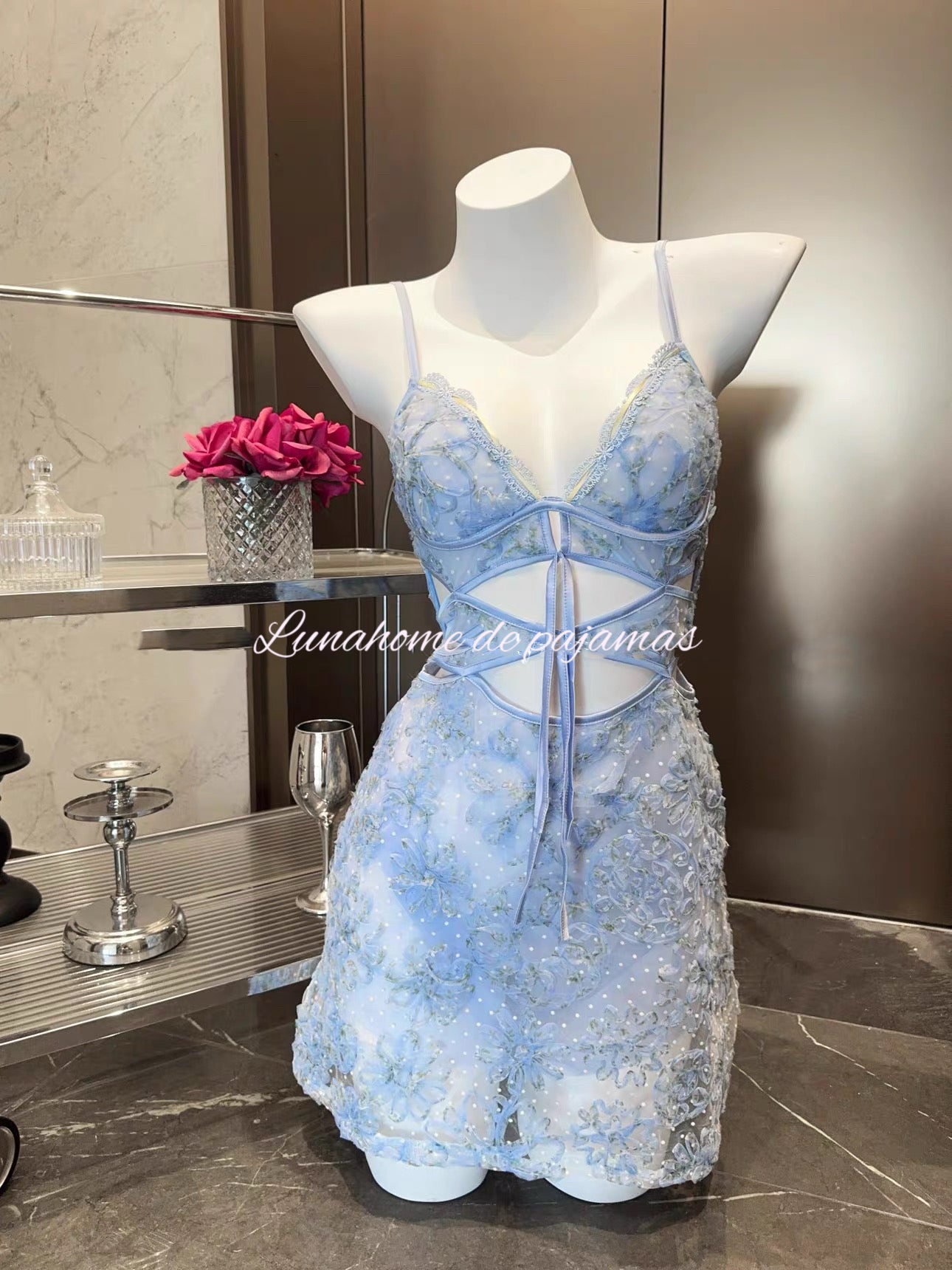 Floral Lace Slip Dress & Panty Set – Sheer Mesh Corset Tie | Free Matching Underwear