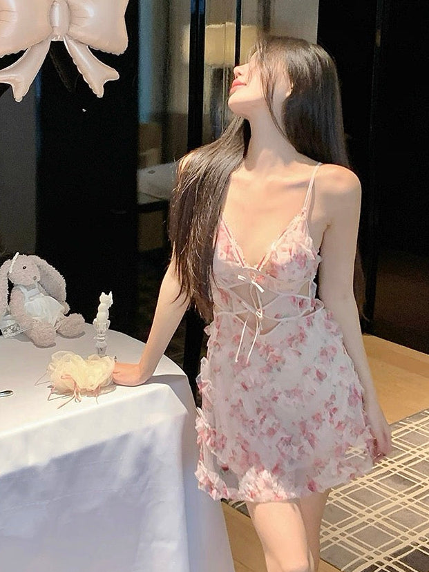 Floral Lace Slip Dress & Panty Set – Sheer Mesh Corset Tie | Free Matching Underwear