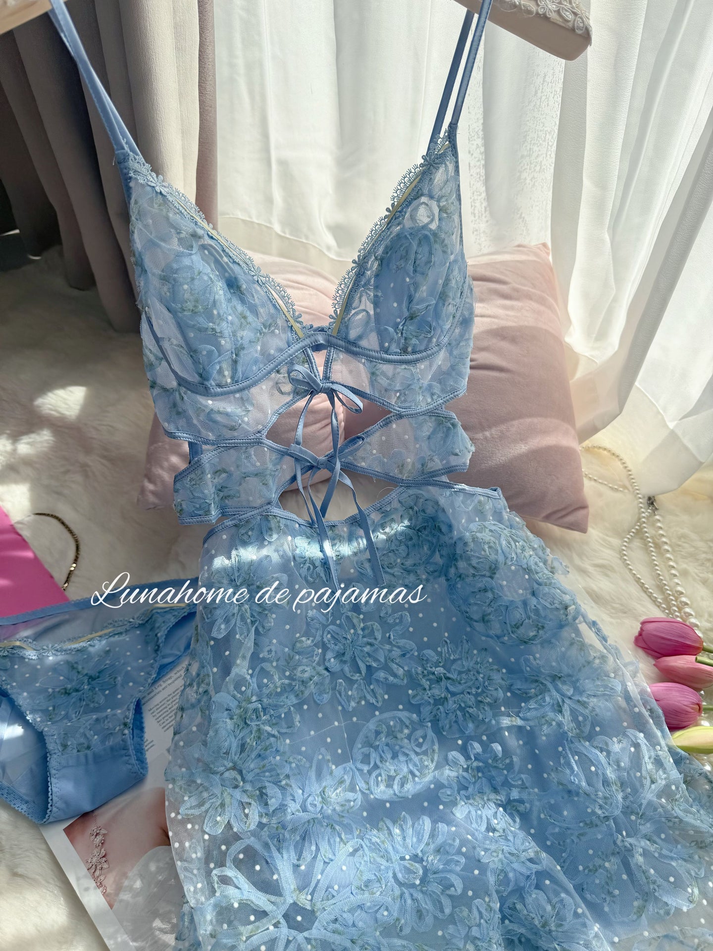 Floral Lace Slip Dress & Panty Set – Sheer Mesh Corset Tie | Free Matching Underwear