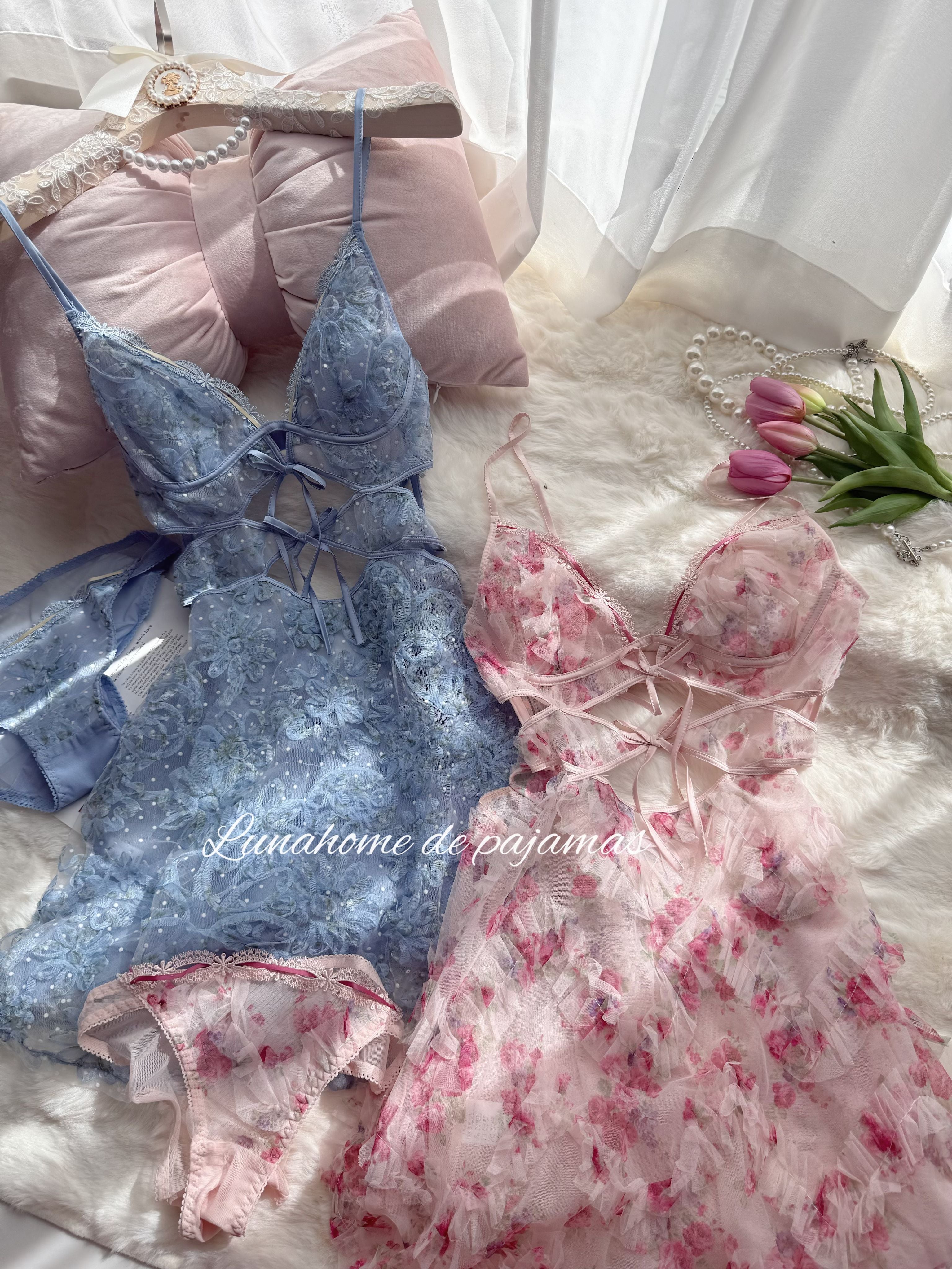 Floral Lace Slip Dress & Panty Set – Sheer Mesh Corset Tie | Free Matching Underwear