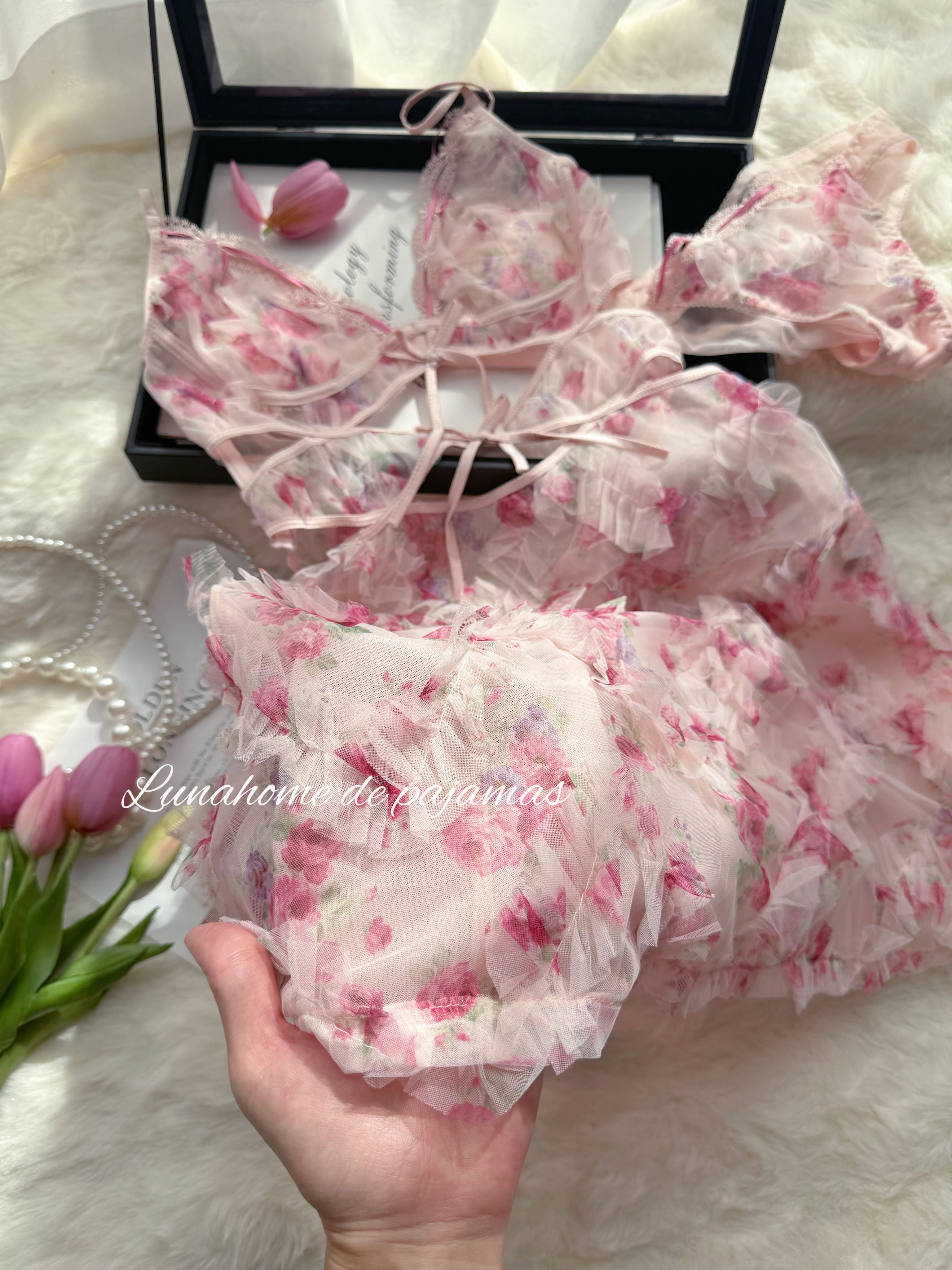 Floral Lace Slip Dress & Panty Set – Sheer Mesh Corset Tie | Free Matching Underwear
