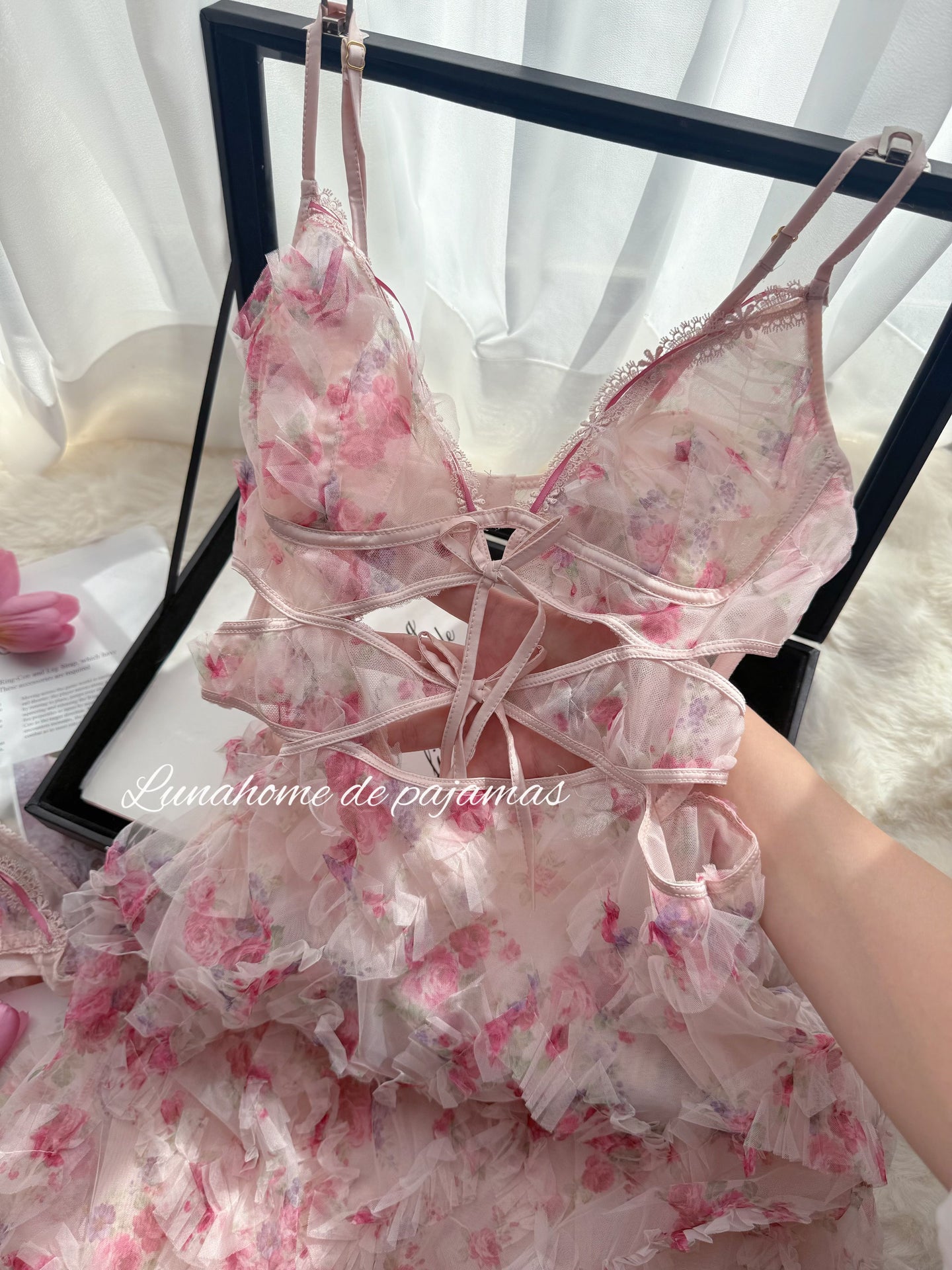Floral Lace Slip Dress & Panty Set – Sheer Mesh Corset Tie | Free Matching Underwear