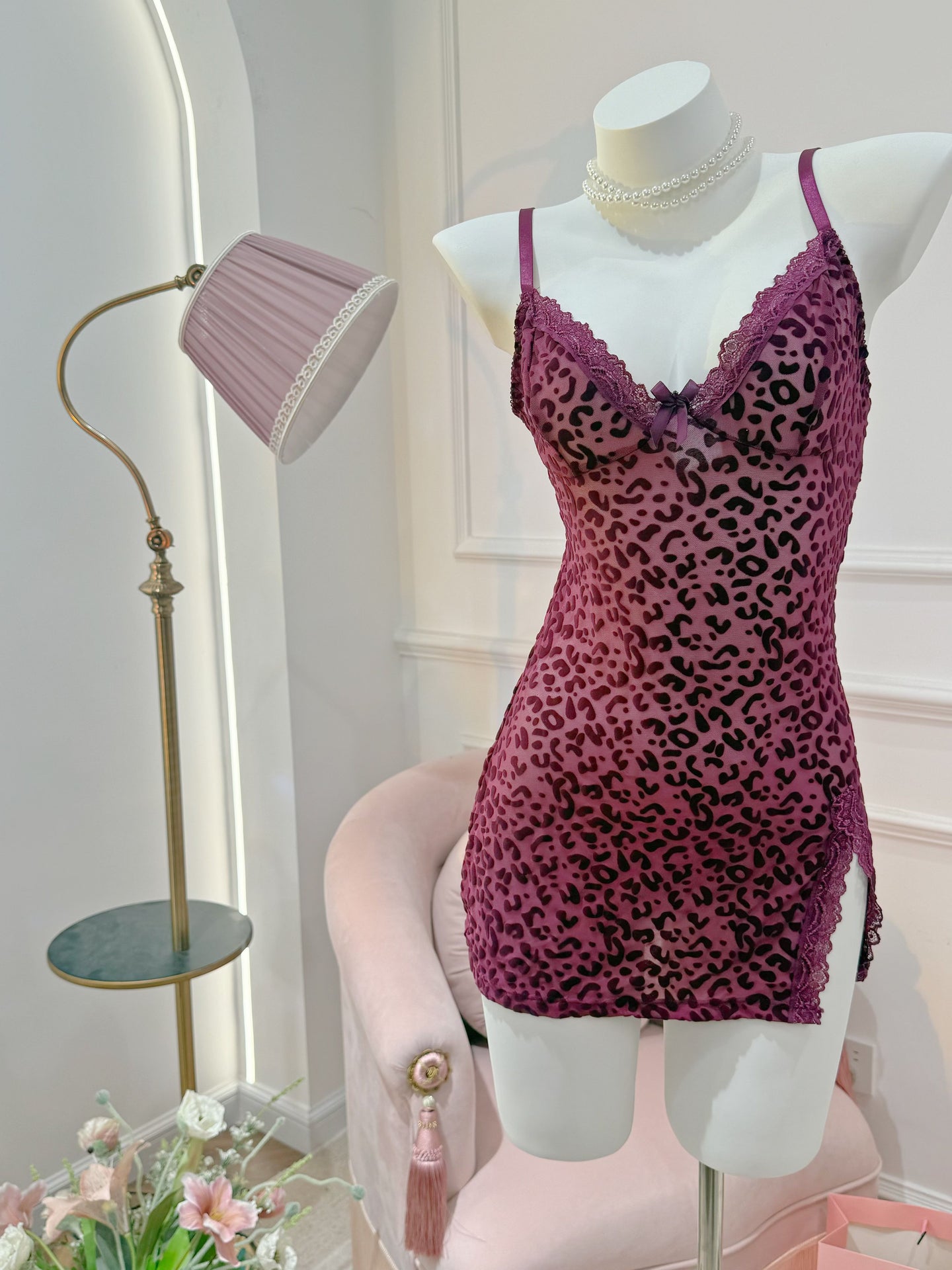 Pink Leopard Print Lace Trim Slip Dress – Sexy Sleepwear